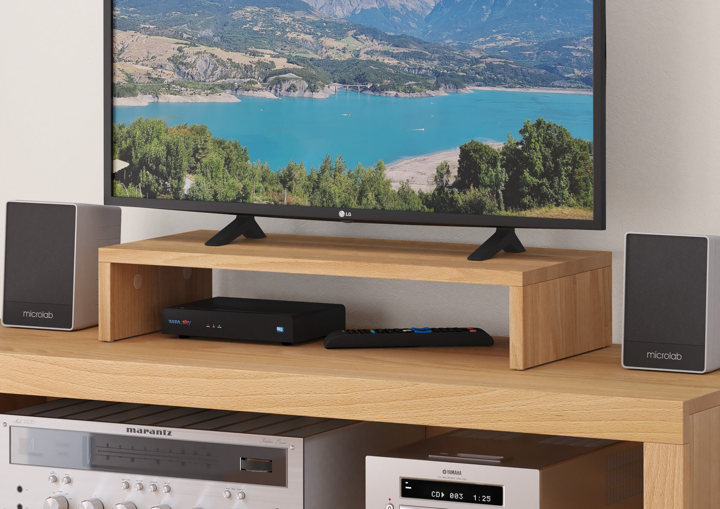 fernseher, tv, hifi-setup, holzständer, lautsprecher, Monitor Erhöhung aus Buche 60 cm