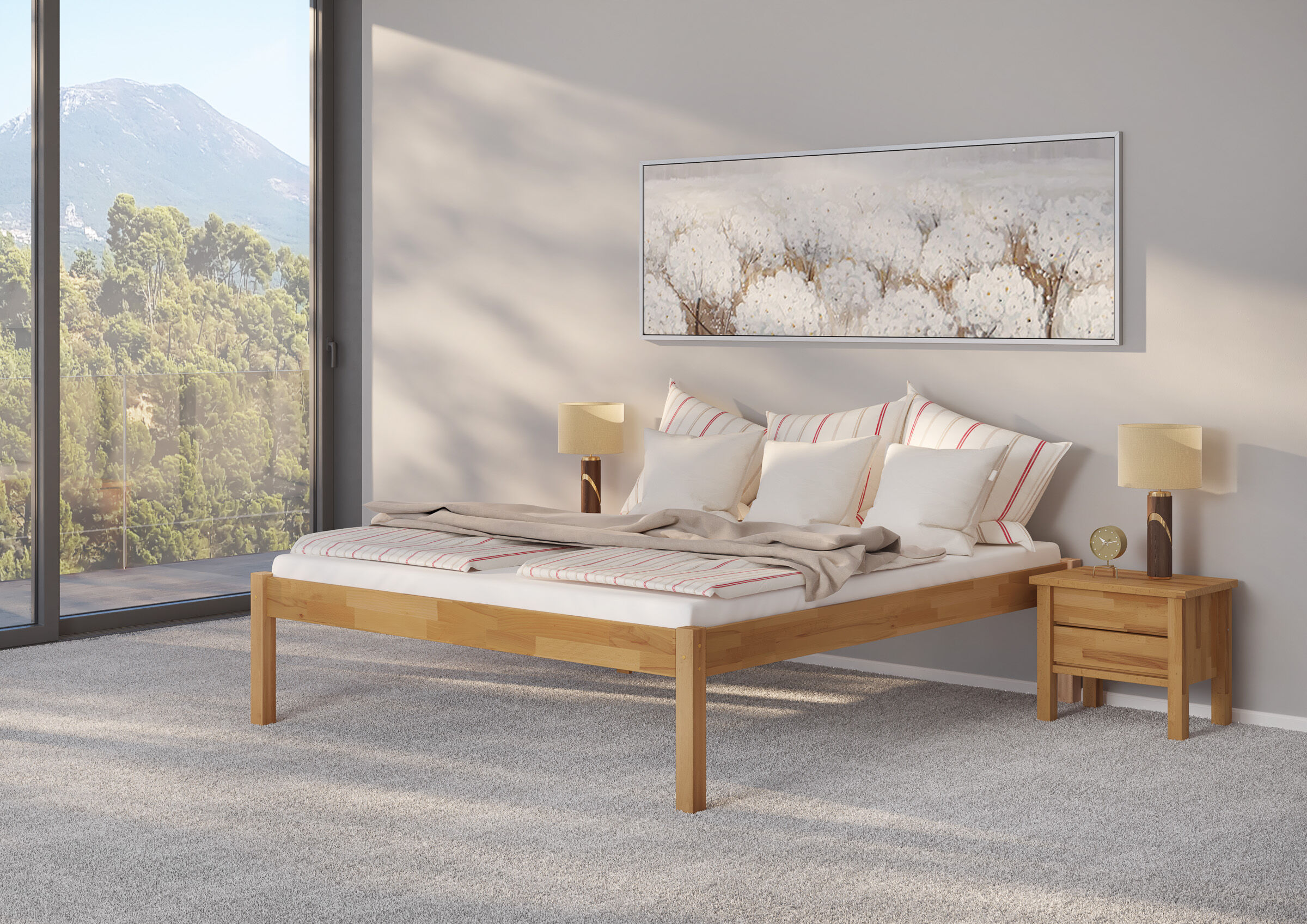 Innenarchitektur, Inneneinrichtung, Mobiliar, Kissen, Lampe, Buche Bett 180x200 cm mit erhöhten Füßen