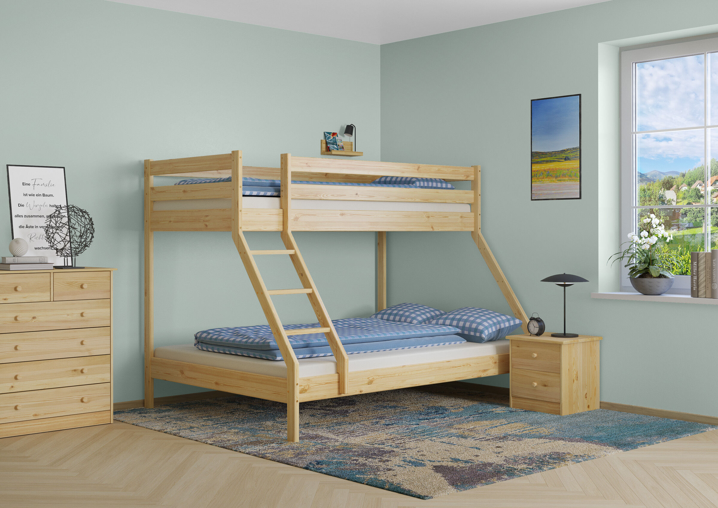 Etagenbett, Holz, Bettoberteil, Blaues Muster, Schrank, Hochbett mit Doppel-Liegefläche