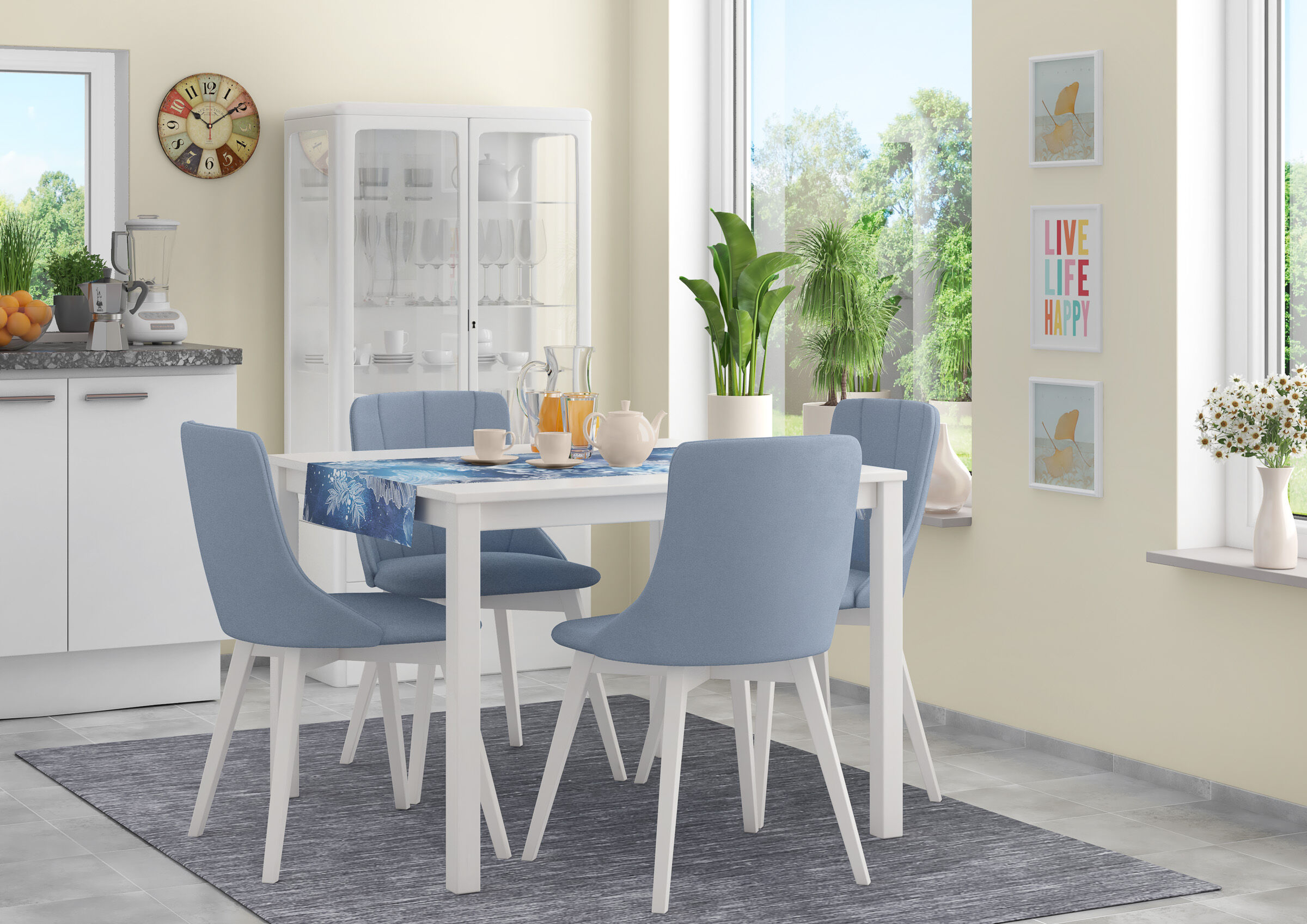 küchentisch, esszimmer, stuhl, blau, tischdekoration, gemütlicher Polsterstuhl