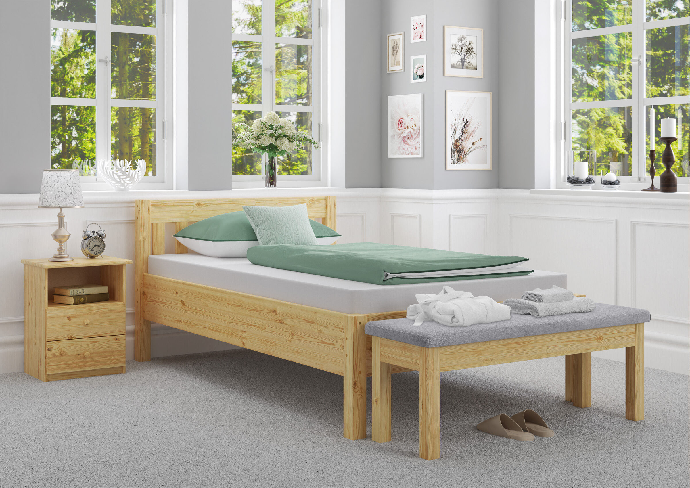 holzbettr, bettrrahmen, teppich, bettzeug, bühl, Schlafzimmer Bank gepolstert