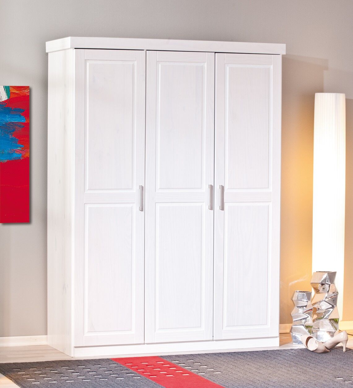 wardrobe, weißes schrank, drei türen, aufbewahrung, bodenhöhe, weißer Kleiderschrank aus Kiefer Massivholz