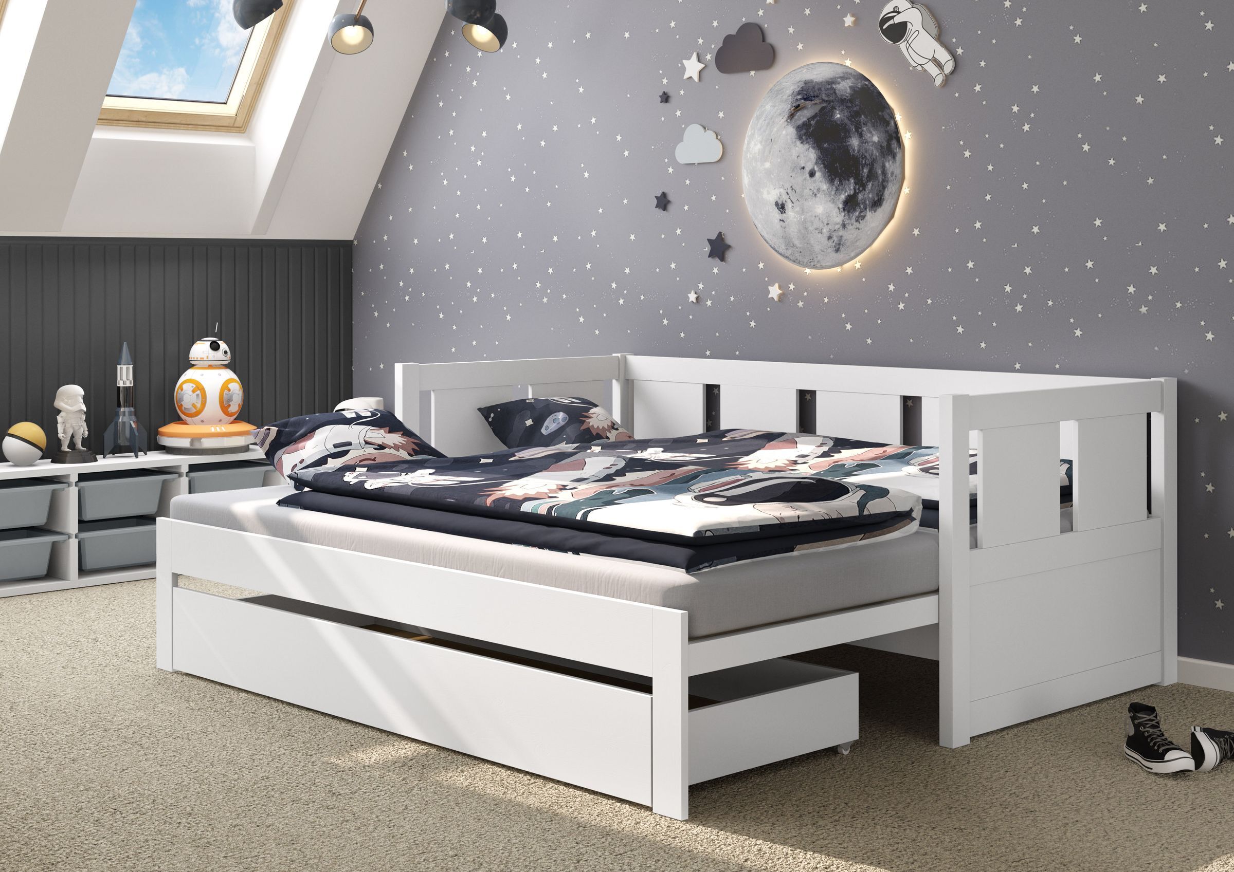 bett, hochbett, grau, mond-dekor, spielzimmer, Ausziehbett Kiefer massiv weiß 90x200