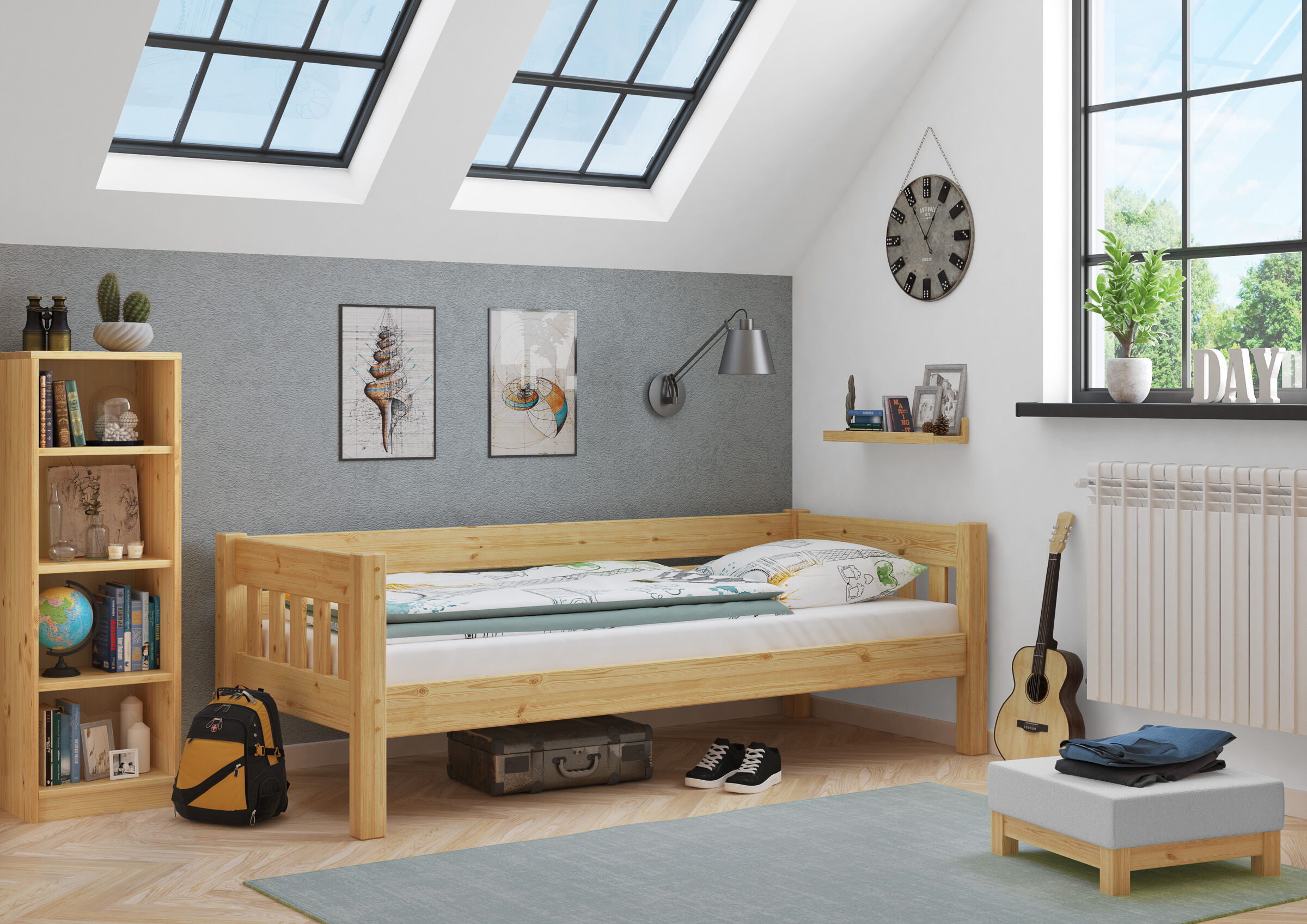 Holzbett, Jugendzimmer, Guitar?, Gitarre, Kinderzimmerdekoration, Jugendzimmer des Vollholzbettes 90x200