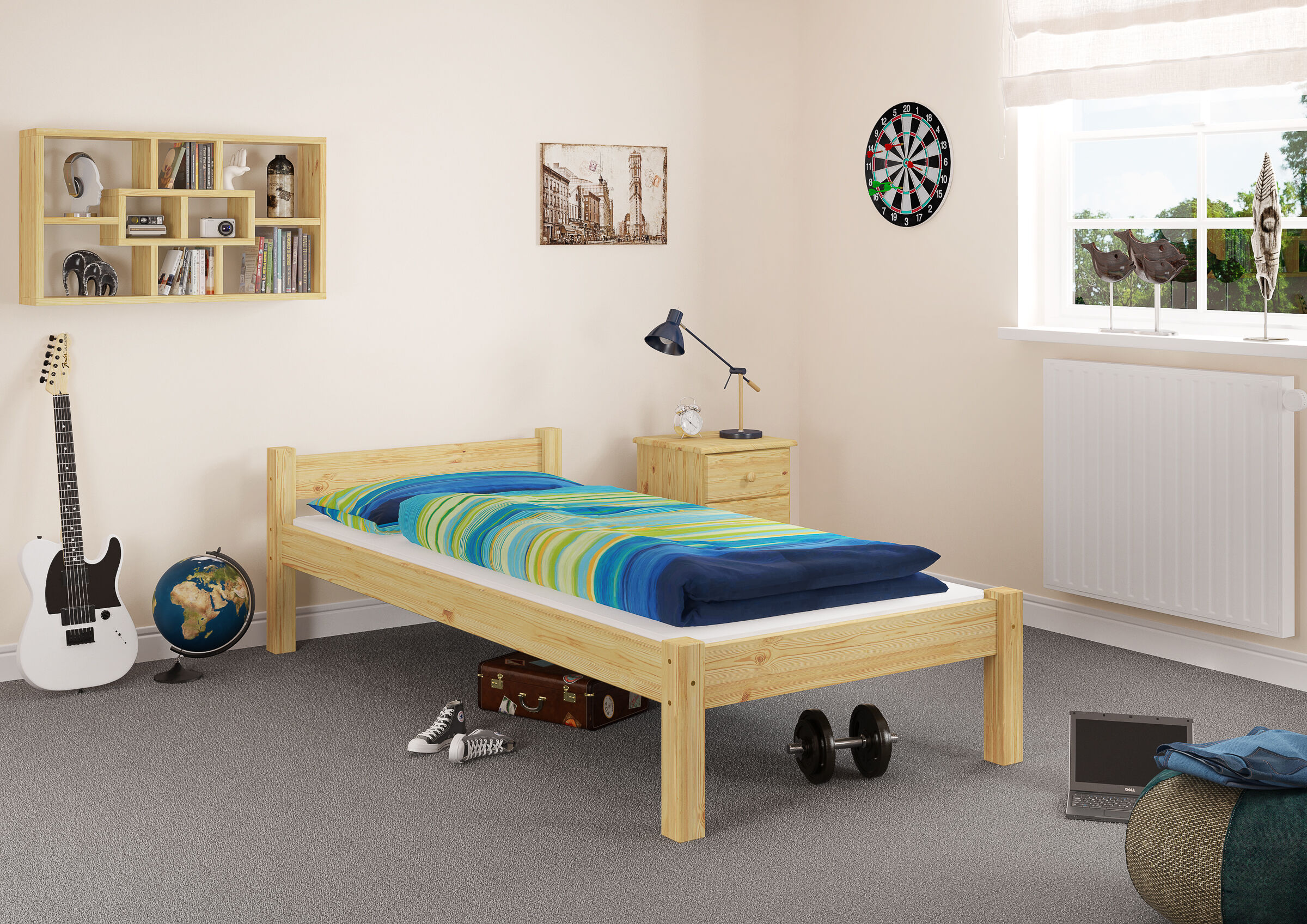 slatted-bed, wooden-frame, blue-green bedding, guitar, clock, Zimmerbild des Einzelbettes 80x200