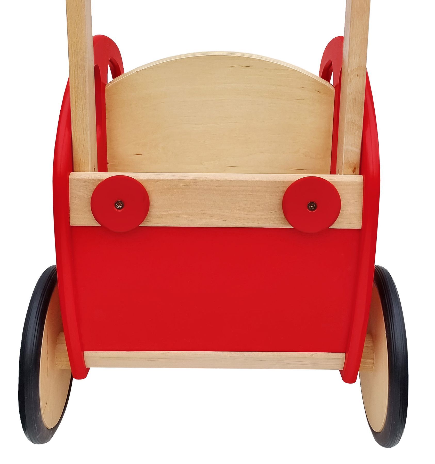 Holzspielzeug, Wagen, Kinderwagen, Holz, Roter Wagen, Ansicht von hinten roter Puppenwagen