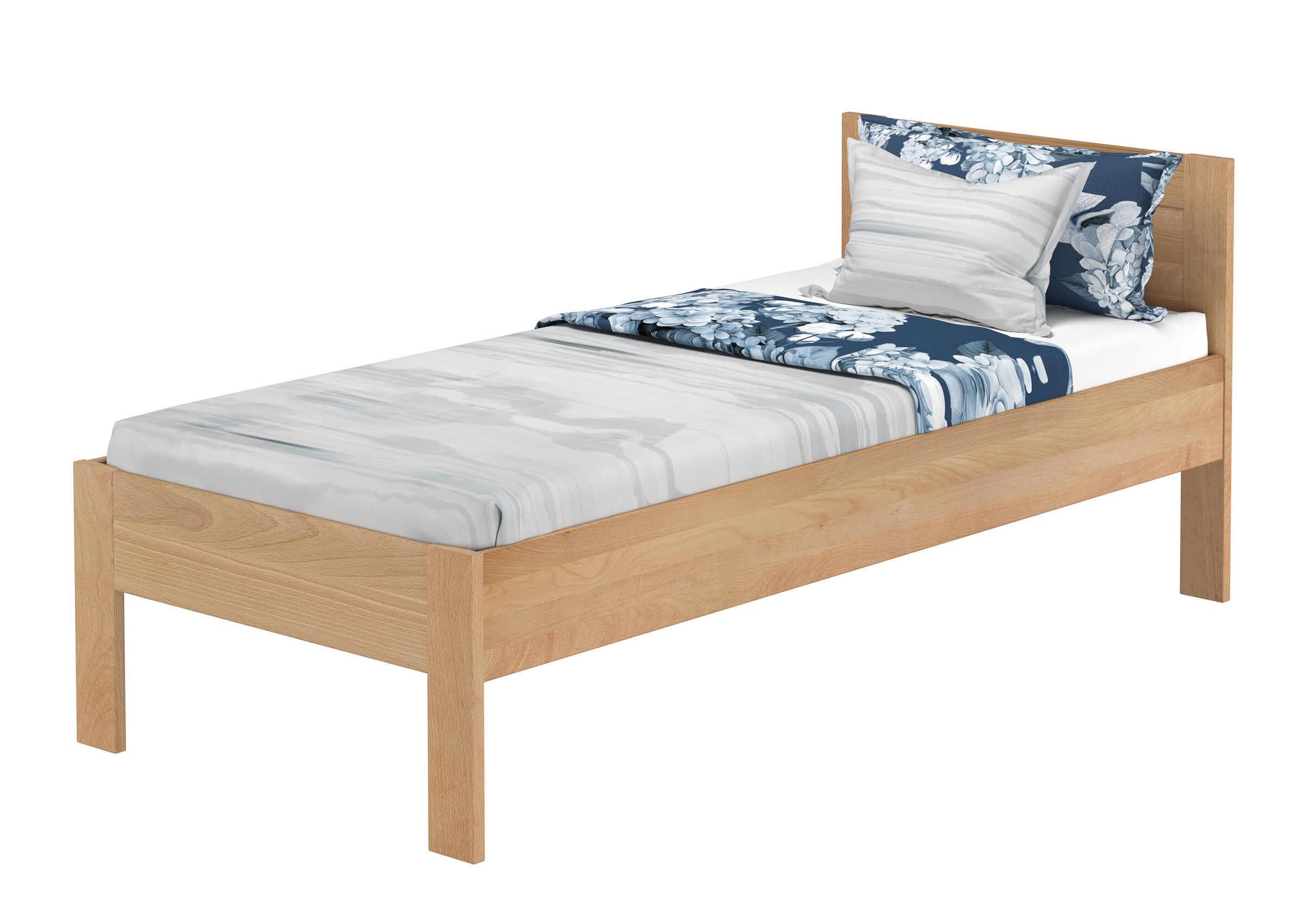 Einzelbett, Holzbett, Kopfteil aus Holz, Bettgestell, Bettwäsche-Set, Massivholzbett Buche natur