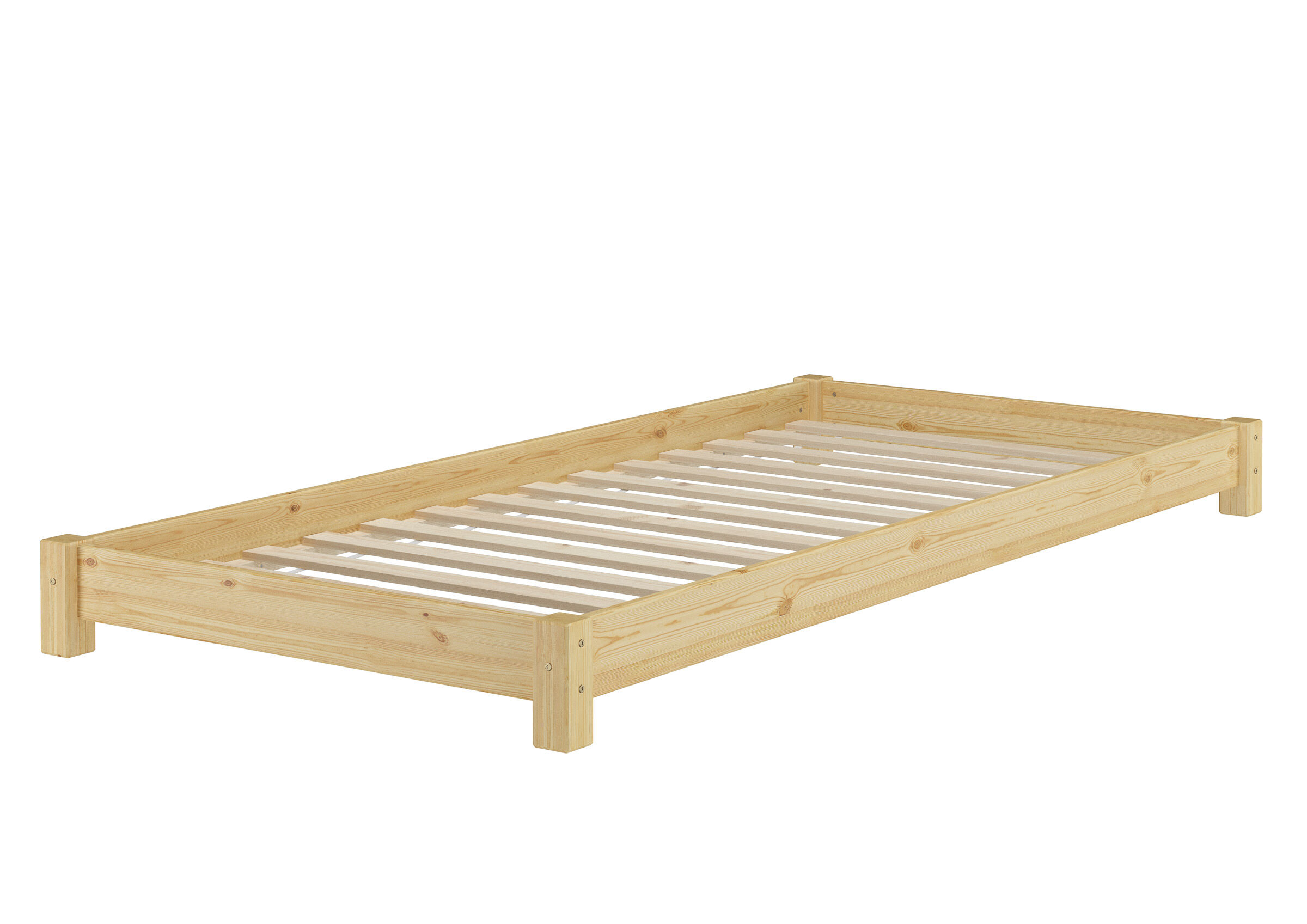 Holzbettenrahmen, Bettrahmen, Einzelbett, Lattenrost, Naturholz, Einzelbett Kiefer natur mit Rollrost