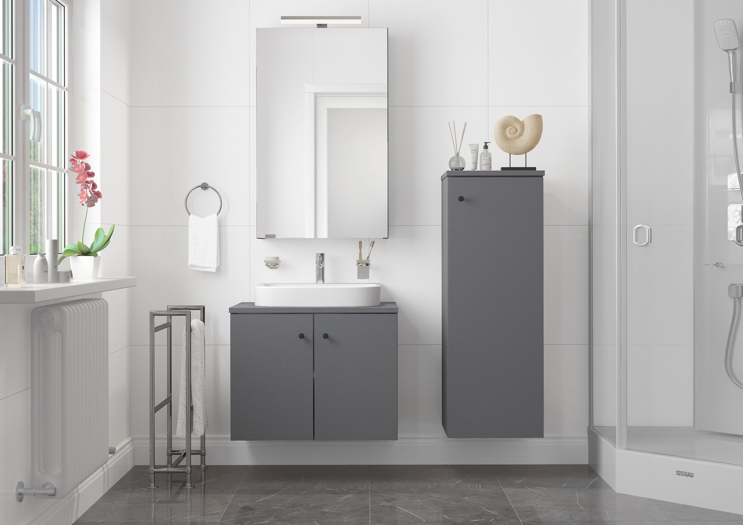Badezimmer, Waschplatz, Unterschrank, Dusche, Waschbecken, 3-teiliger Set als Beispiel