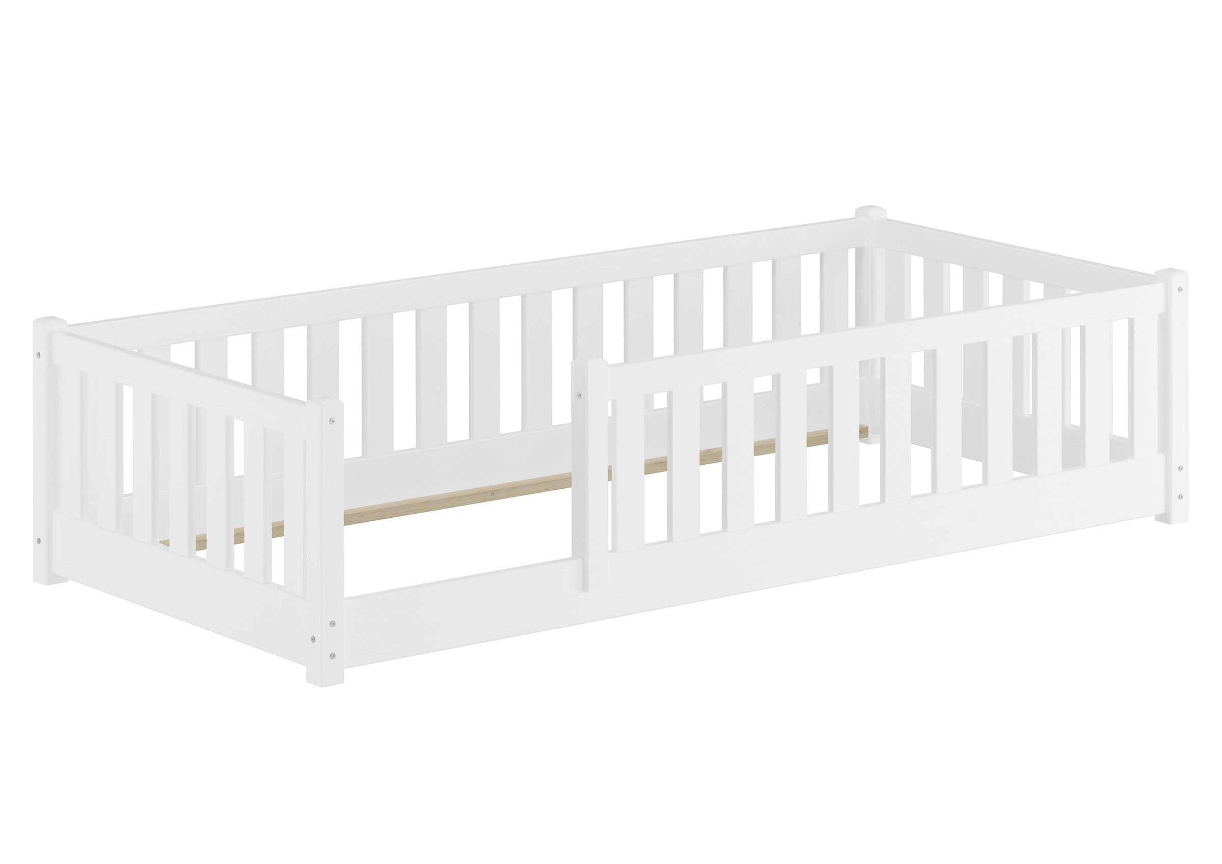 Kinderbett, Gitterbett, Holz, Weiß, Babybett Zubehör, Robustes Kinderbett 90x200 aus Kiefer mit Rundumschutzgitter