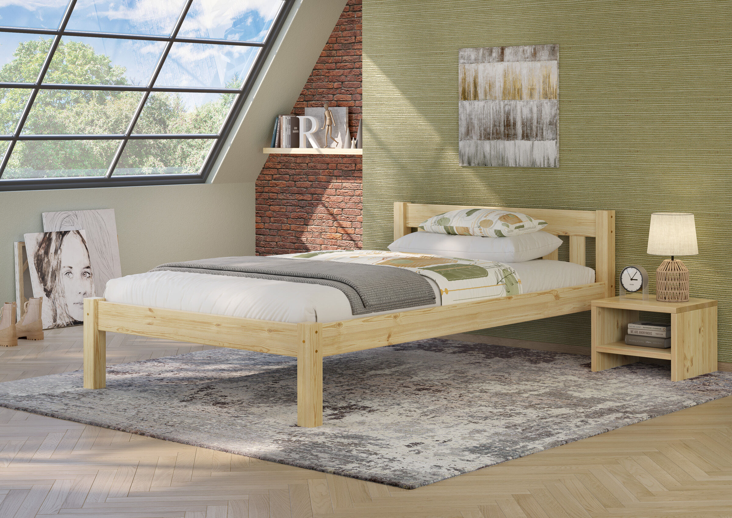 Bett, Holzbett, Platformbett, Bettwäsche, Kissen, Robustes Massivholzbett 120x200 im Schlafzimmer