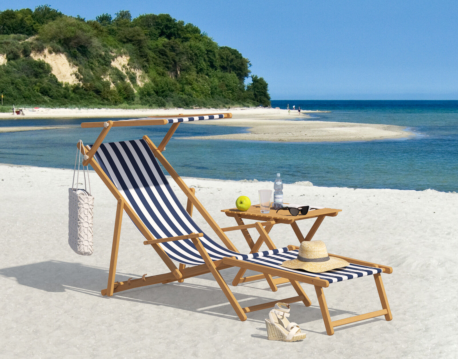 Sommer, Stuhl, Natur, Meer, Strand, Strandliege Buche hell mit Sonnendach und Fußteil 