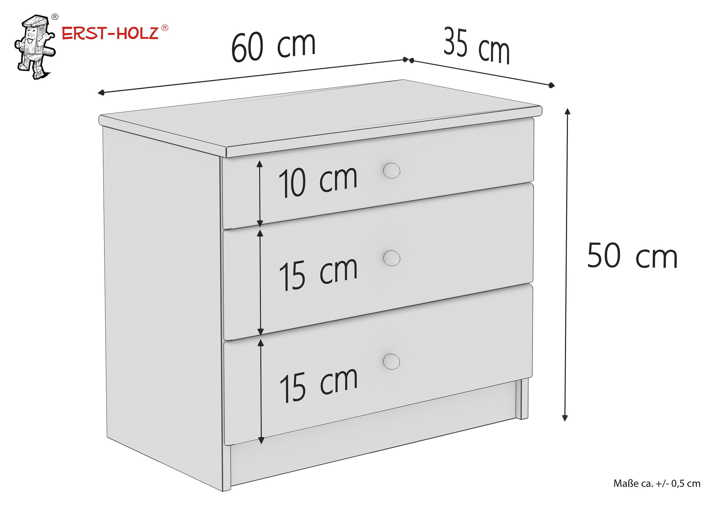 Kleiderschrank, Nachttisch, Schubladenkommode, Holzlook, Maße 60x50x35, Skizze mit Maße