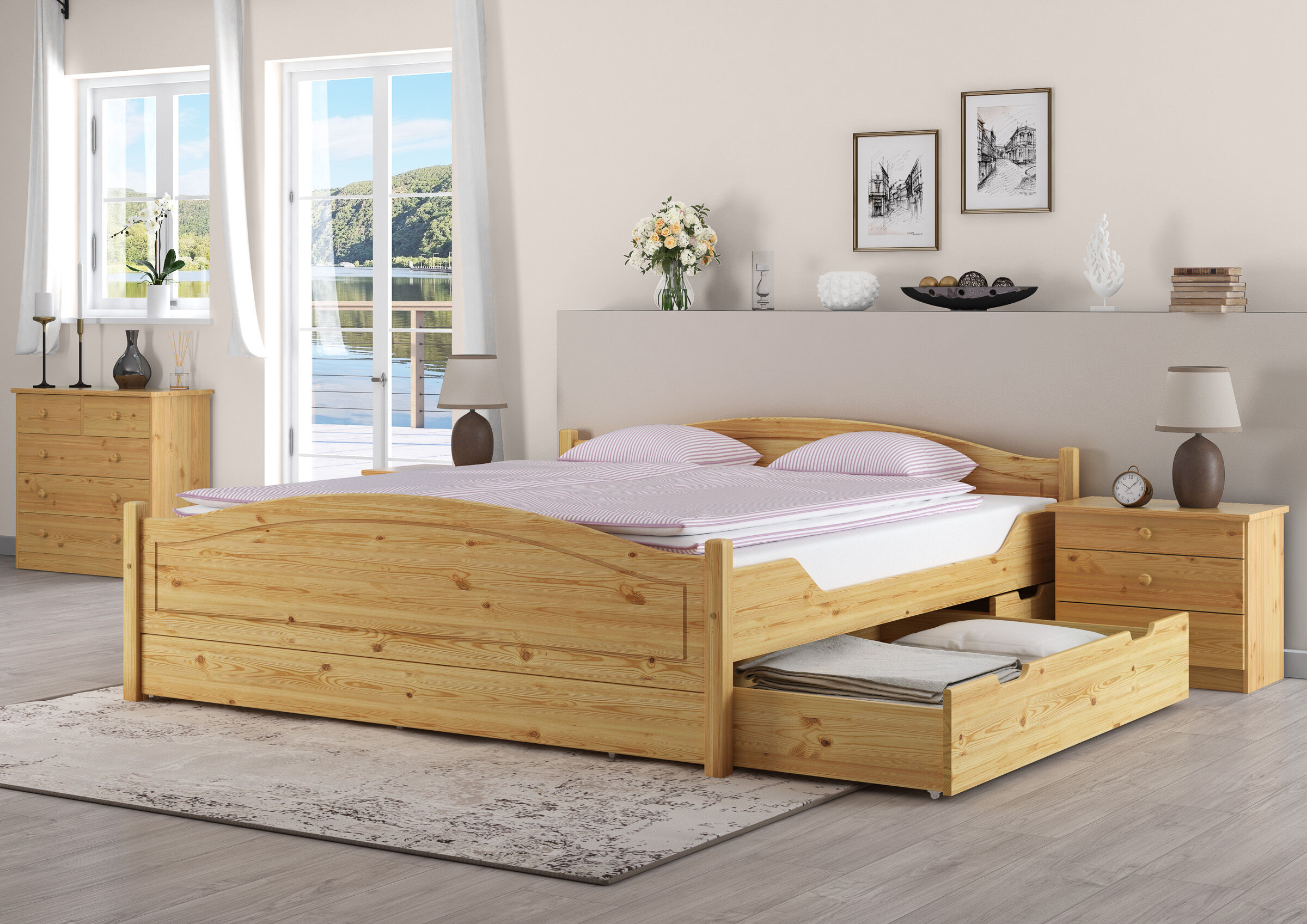 Holzbett, Kiefer, Bett mit Stauraum, Pfister Bett, Nachttische, Schlafzimmerbild Kiefer Bett natur