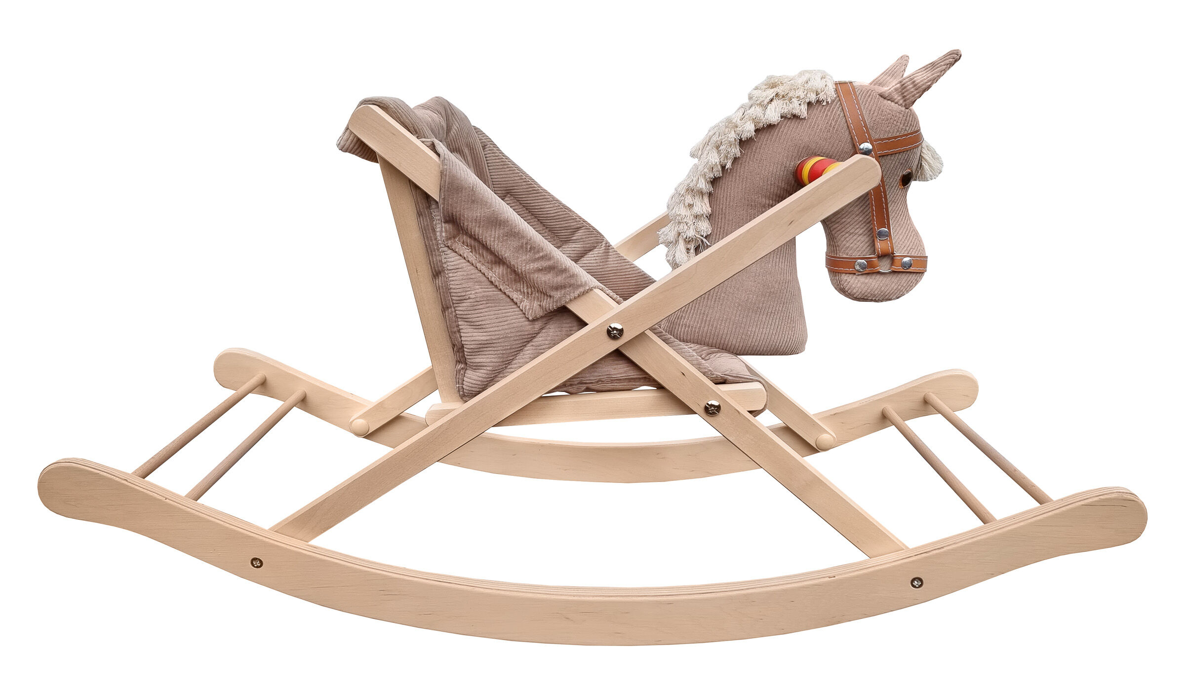 Holzrocker, Kuschelfigur, Pferdekopf, Schaukelpferd, Weiches Fell, Seitenansicht Kinderschaukelpferd