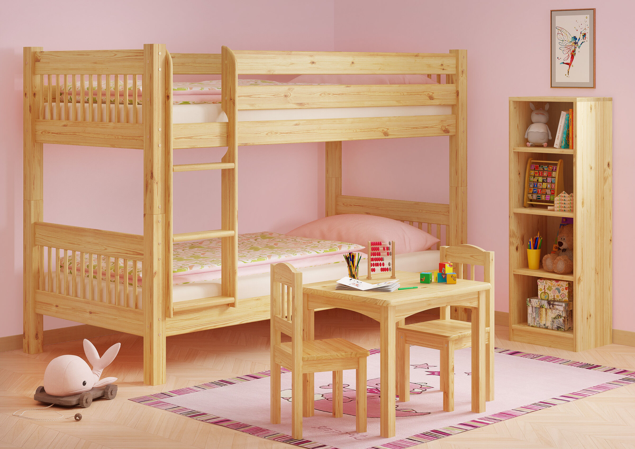 Etagenbett, Holzbetten, Kinderzimmer, Rosa Wand, Spielzimmer, Zimmerbild Kinderetagenbett Kiefer natur mit Kindersitzgruppe