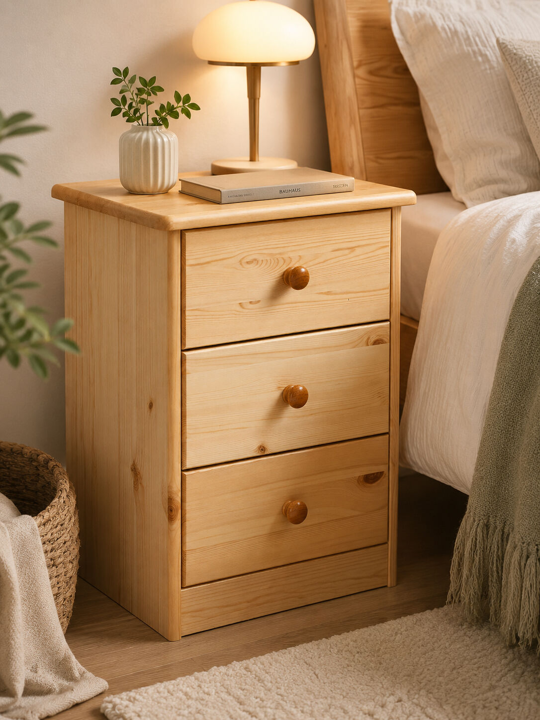 Nachttisch, Nachtkonsole, Holz, Dreischubladiger, Kiefernholz, Nachtschrank Kiefer