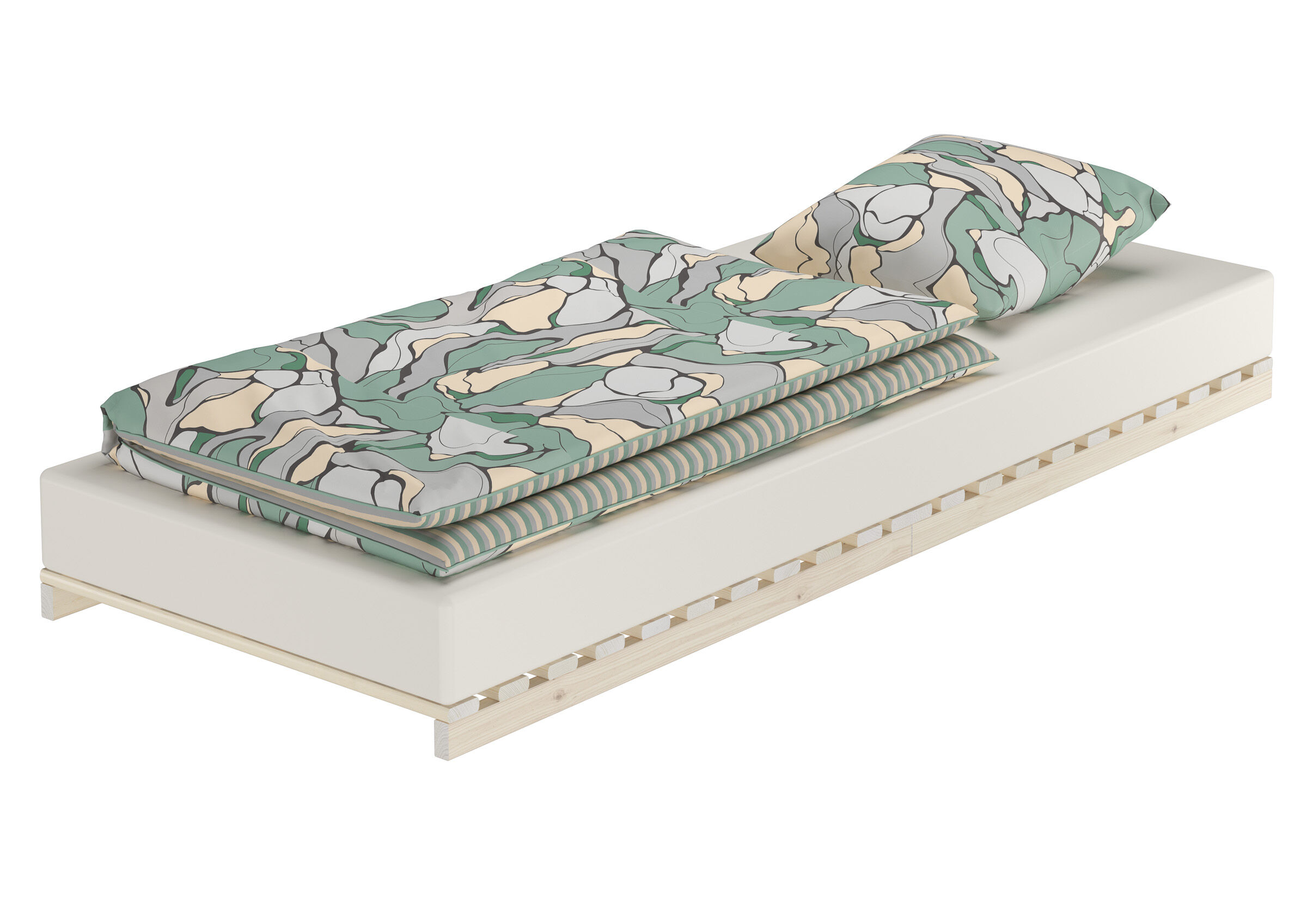 Einzelbett, Matratze-Bett, Bettauflage, Muster: Camouflage, Holzbettgestell, 2-1-Lattenrost - auch als Bett nutzbar