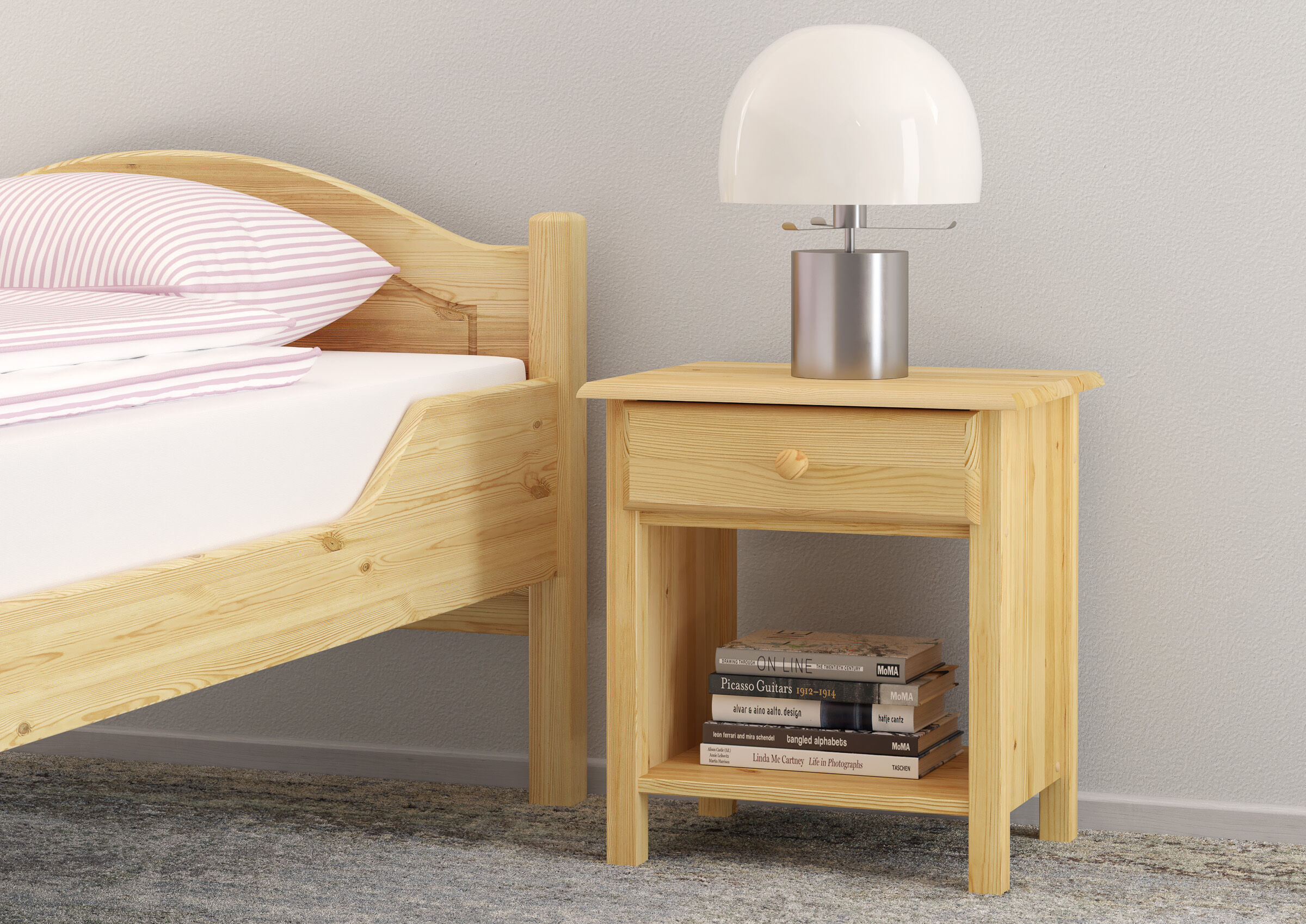 Holz Bett, Nachttisch, Laminierte Holzoptik, Tischlampe, Bücherstapel, Nachtkästchen Kiefer massiv