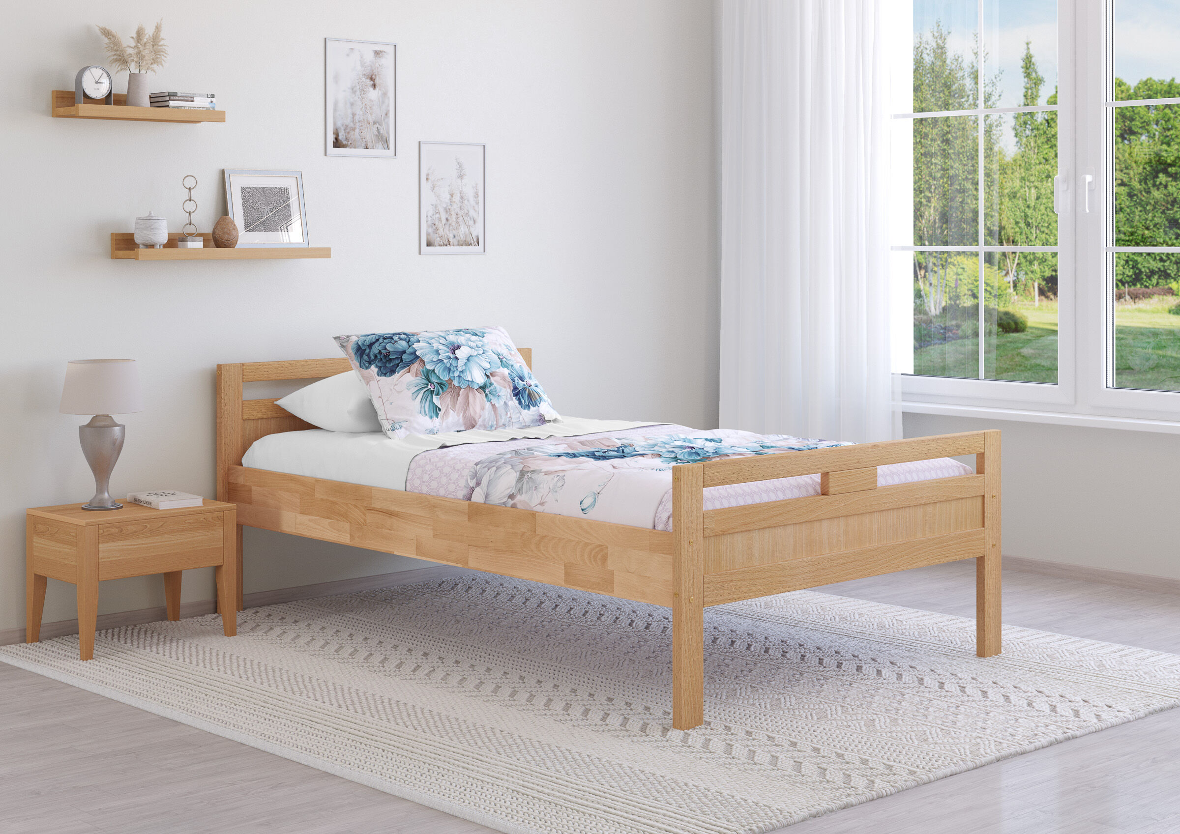 Bett, Holzbett, Kopfteil, Bettgestell, Deko, Zimmerbild mit Seniorenbett Buche massiv