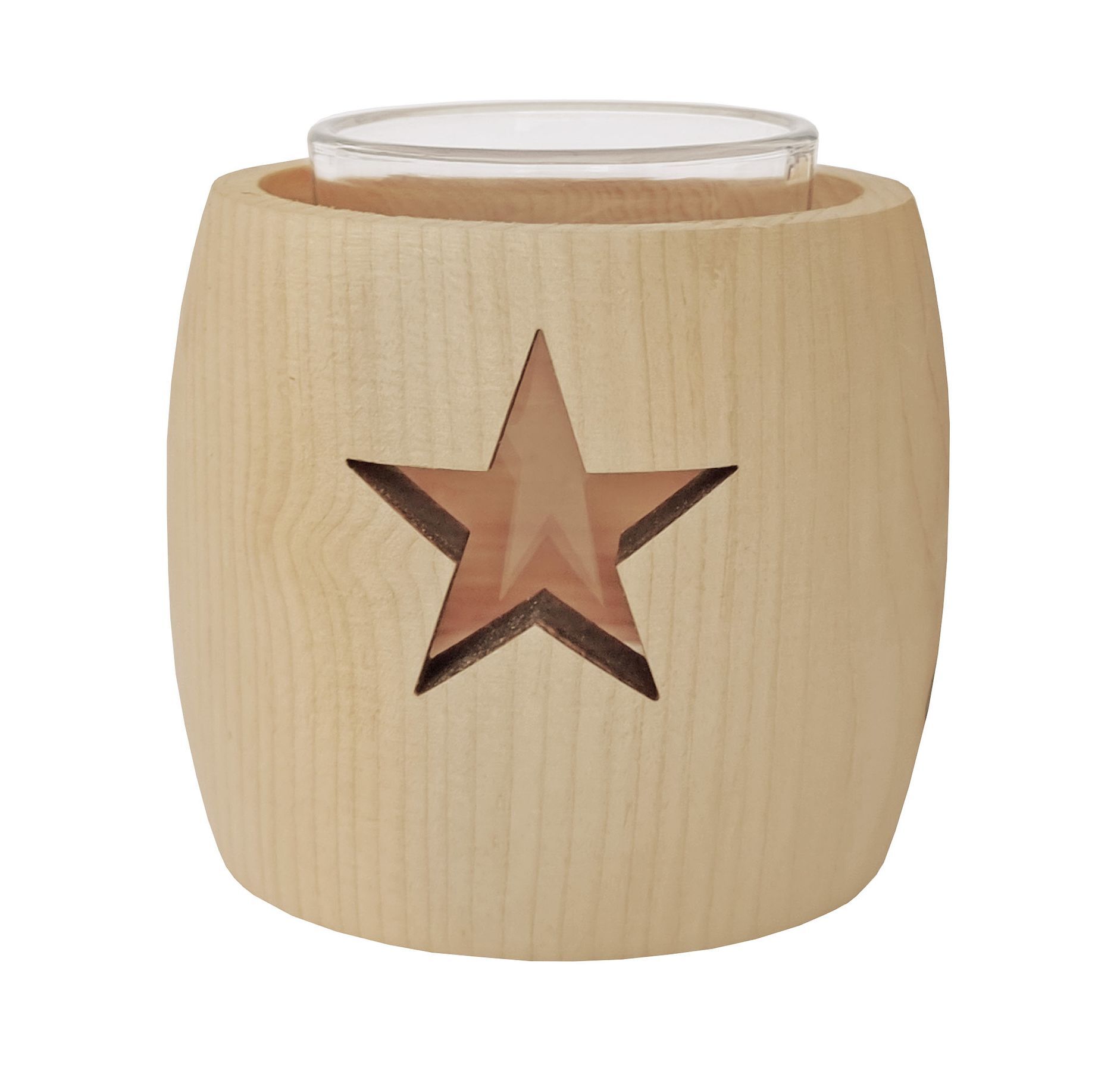 Teelichtglas Zirbenholz mit Sternausschnitt