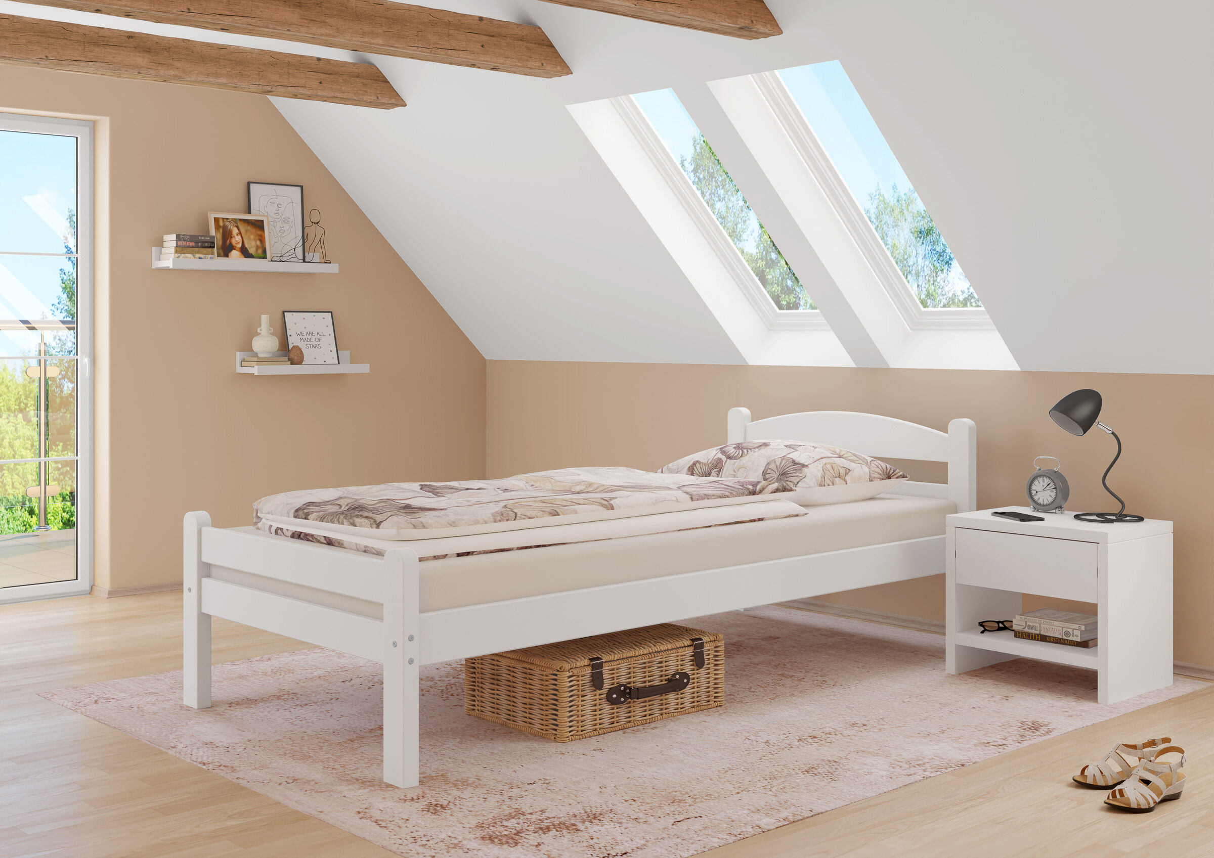 bett, einzelbett, weißes Bettgestell, kissen, duvet, Weißes Einzelbett 90x200