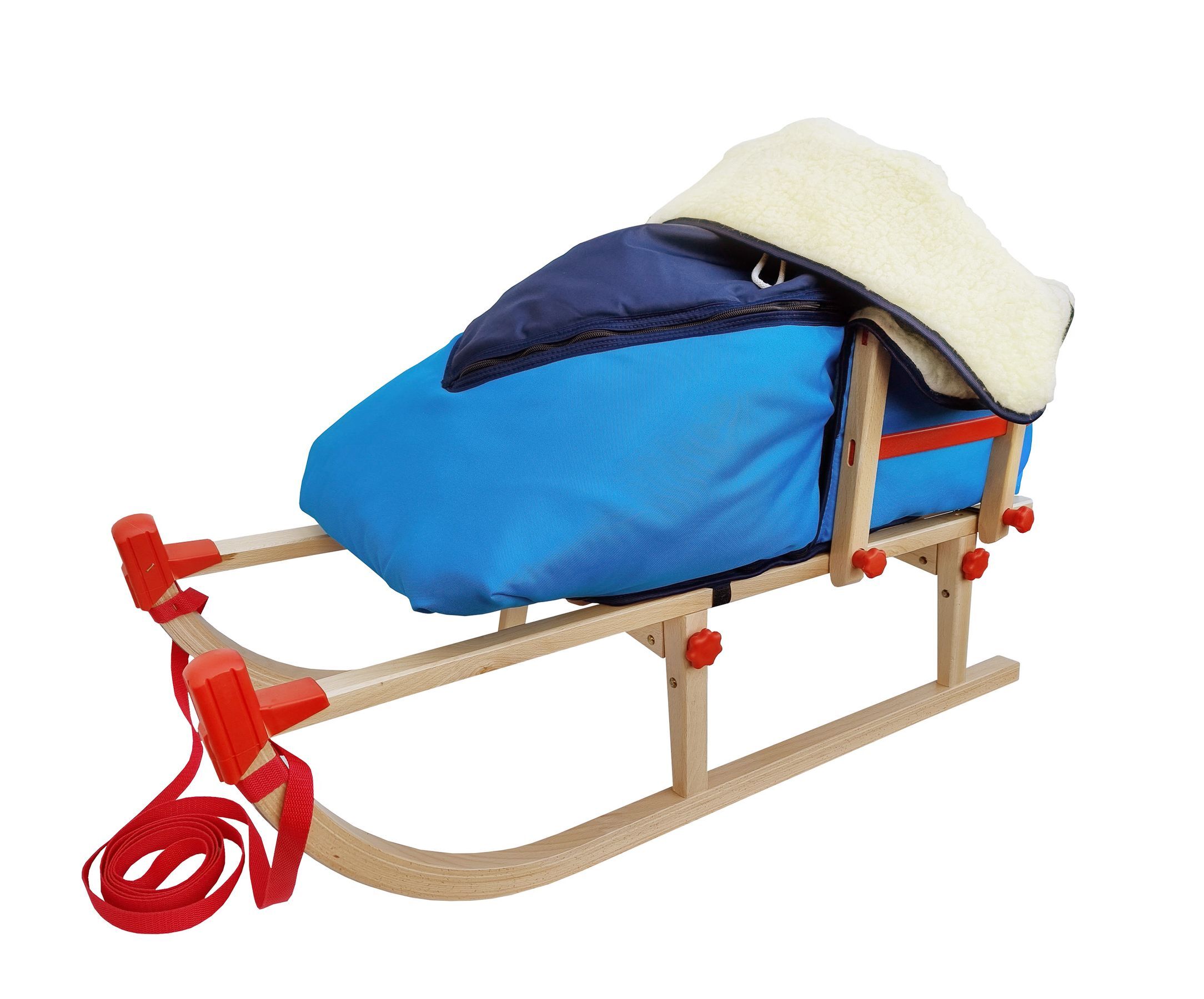 Kinderechtholzschlitten mit Lehne und Fußsack in Blau