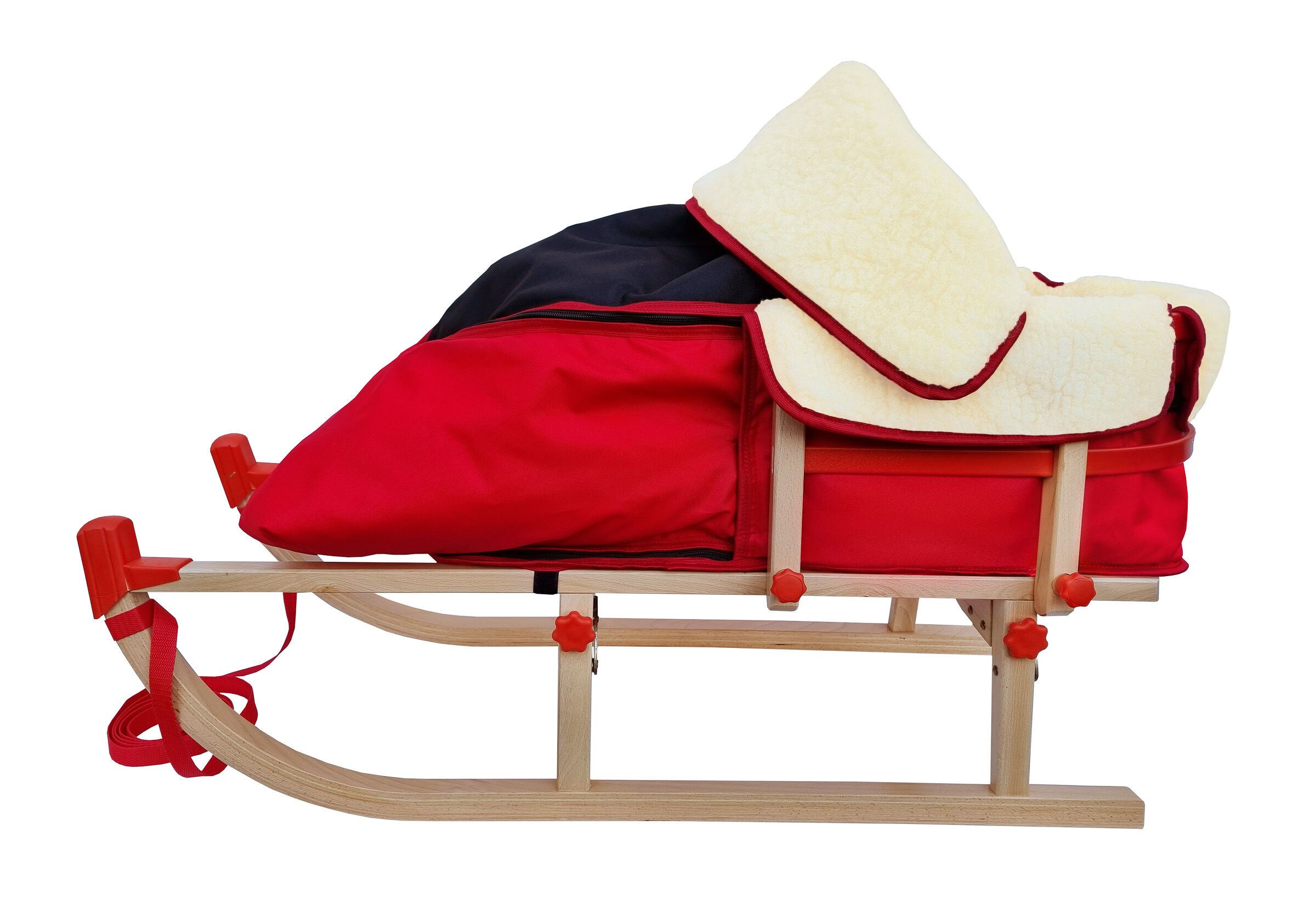 Schlitten, Rote Abdeckung, Fleece-Decke, Holzrahmen, Rote Schnallenband, Davos Schlitten mit Fußsack und Rückenlehne