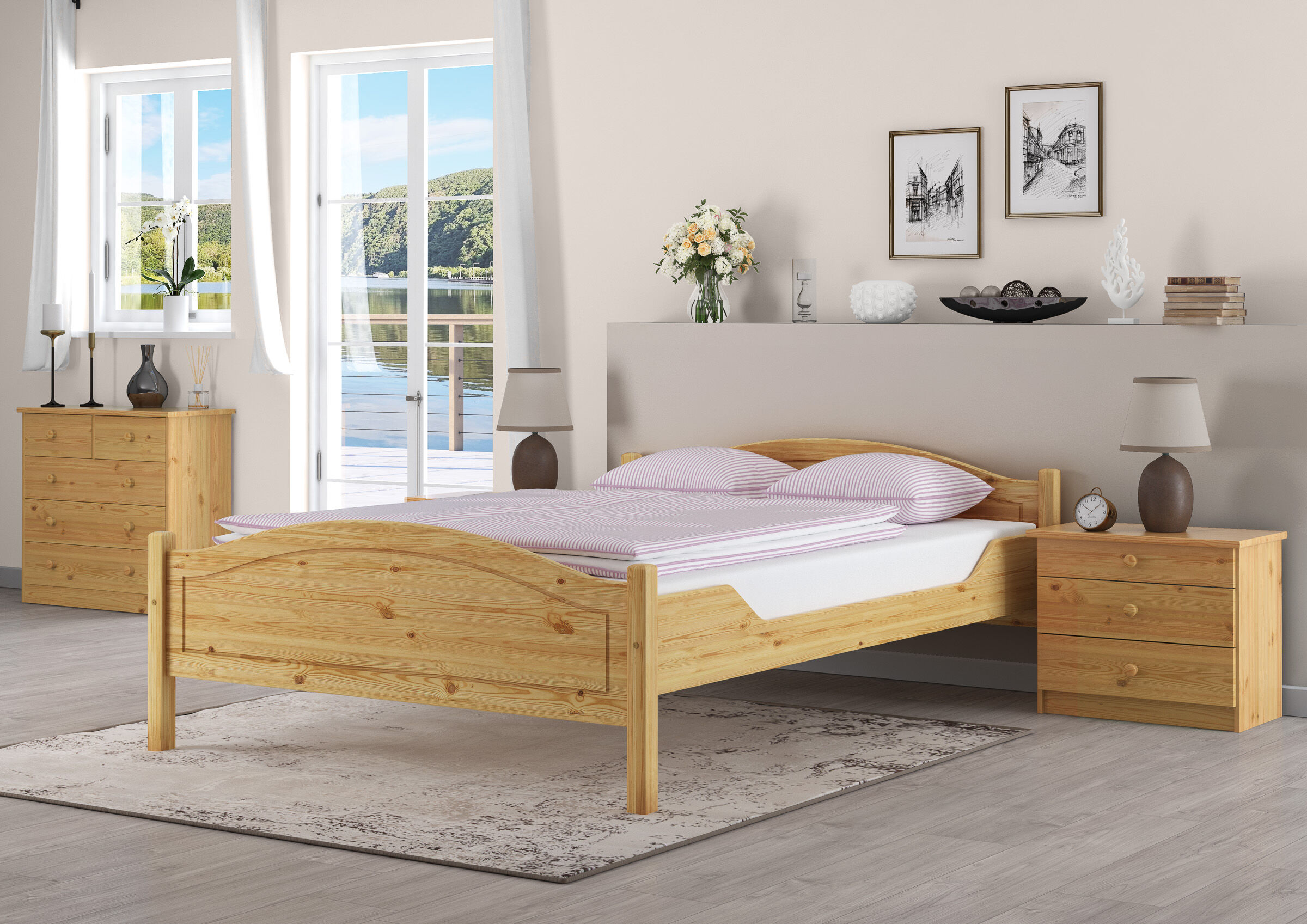 Überlanges Echtholzdoppelbett 140x220 Überlanges Doppelbett 140x220 Kieferbett Massivholz Ehebett Zubehör wählbar V-60.30-14-220