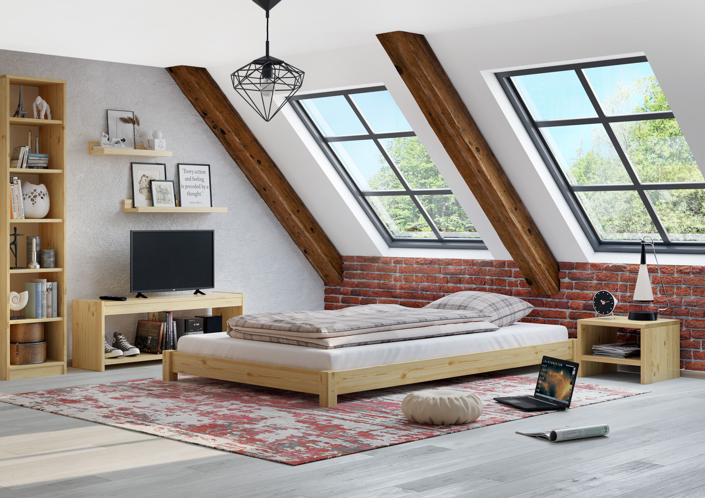 Bettrahmen aus Holz, Schlafzimmer, Dachfenster, Korbmatte, Rote Backsteinwand, Jugendzimmer mit niedrigem Holzbett Kiefer natur