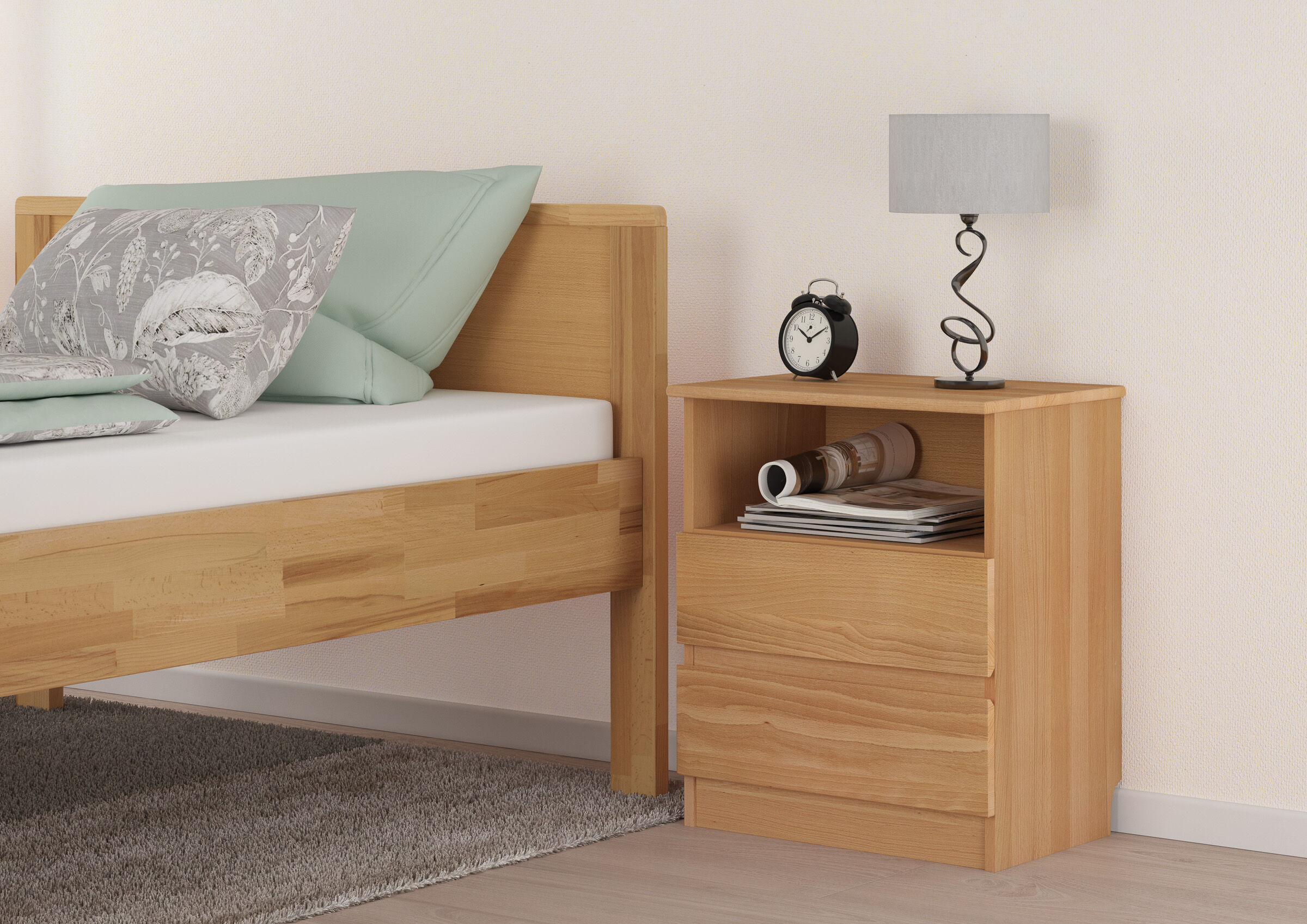 bett, nachttisch, holz, lampe, uhr, Nachttisch Buche massiv