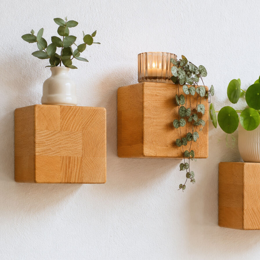 wandregale, pflanzenhalter, kerzenhalter, pflanzen, holzregal, Holzwürfel als Wandregale
