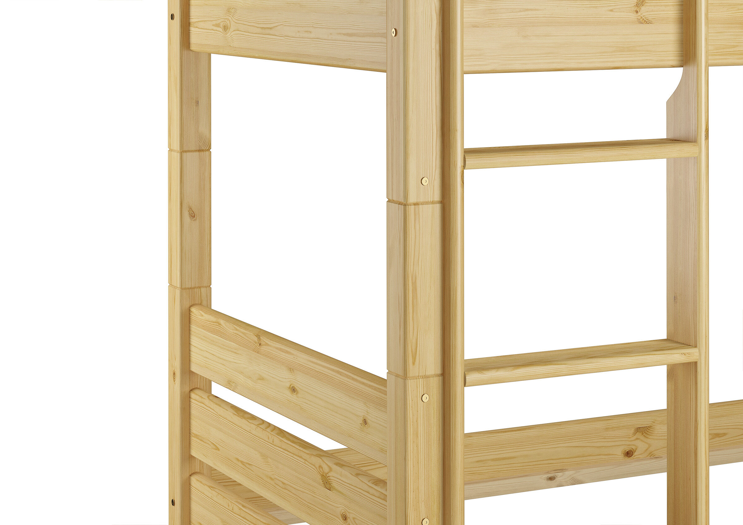 Holzkommode, Holzregal, Holzstuhl, Holzkante, Naturholz, Etagenbett Holz Kiefer massiv Detailbild Treppe