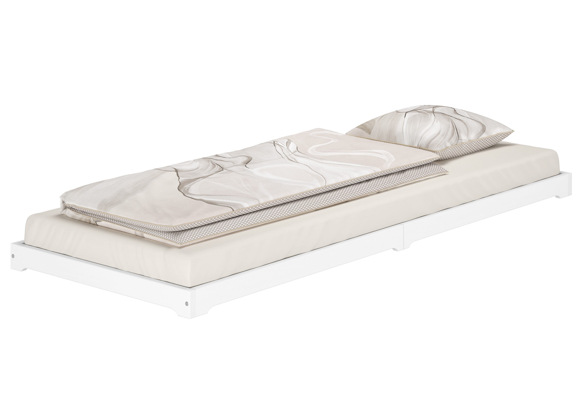 Bettenrahmen, Bettgestell, Weiß, Matratzenschutz, Gespannter Bezug, Flaches Einzelbett 90x220 in Überlänge