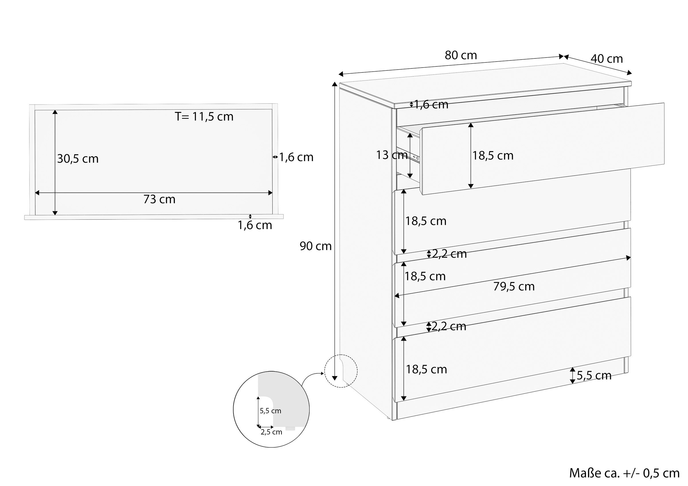 Schubkasten,-Kommode, Aufbewahrungsmöbel, Holzoberfläche, 50er/90cm Höhe, Tür-/Schubladenkombination, Maße der Kommode mit 4 Schubladen
