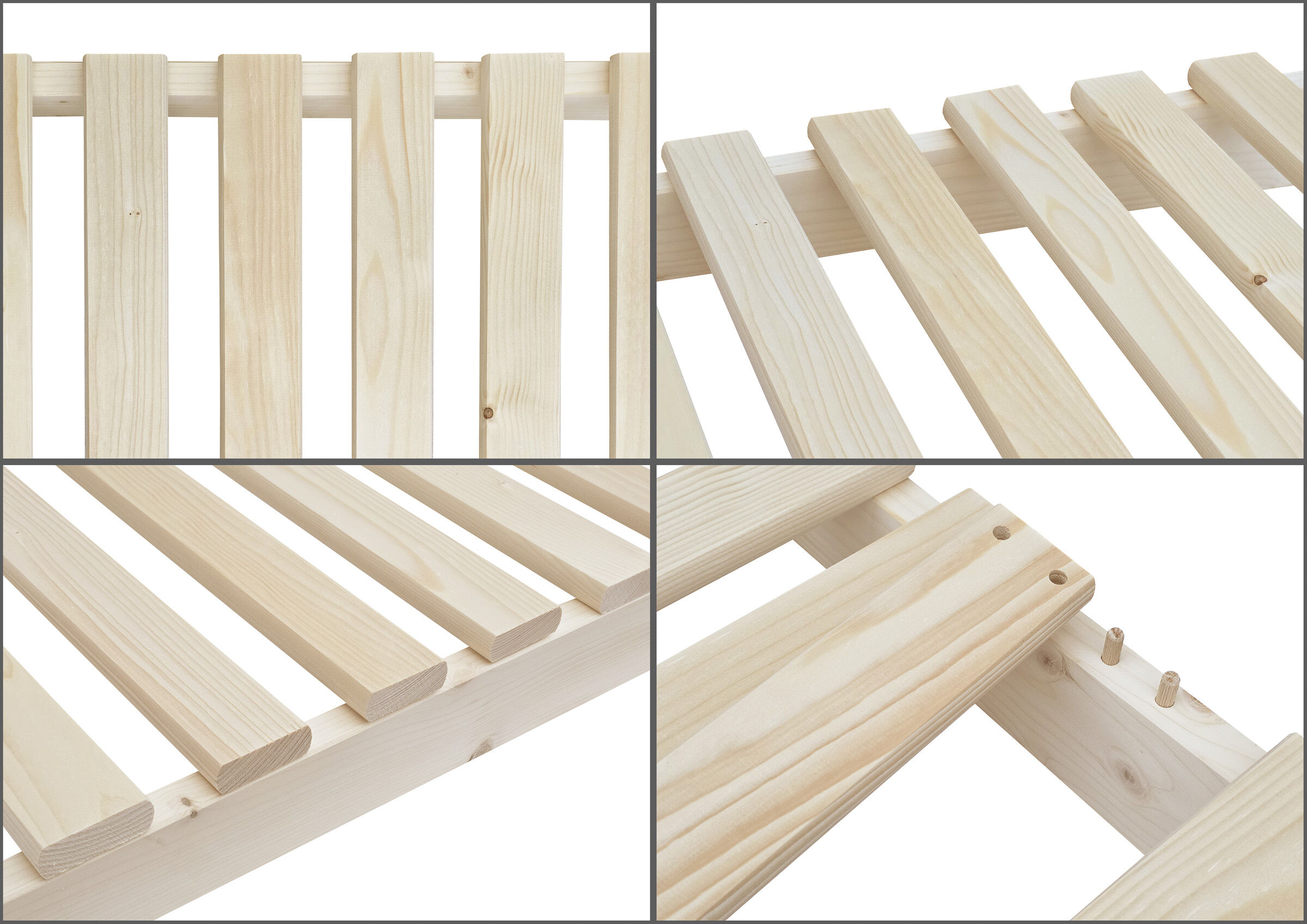 Holzbett, Holzlatten, Kiefernholz, Naturholz, Holzgestell, Detailbild der Verbindungen des Lattenrostes