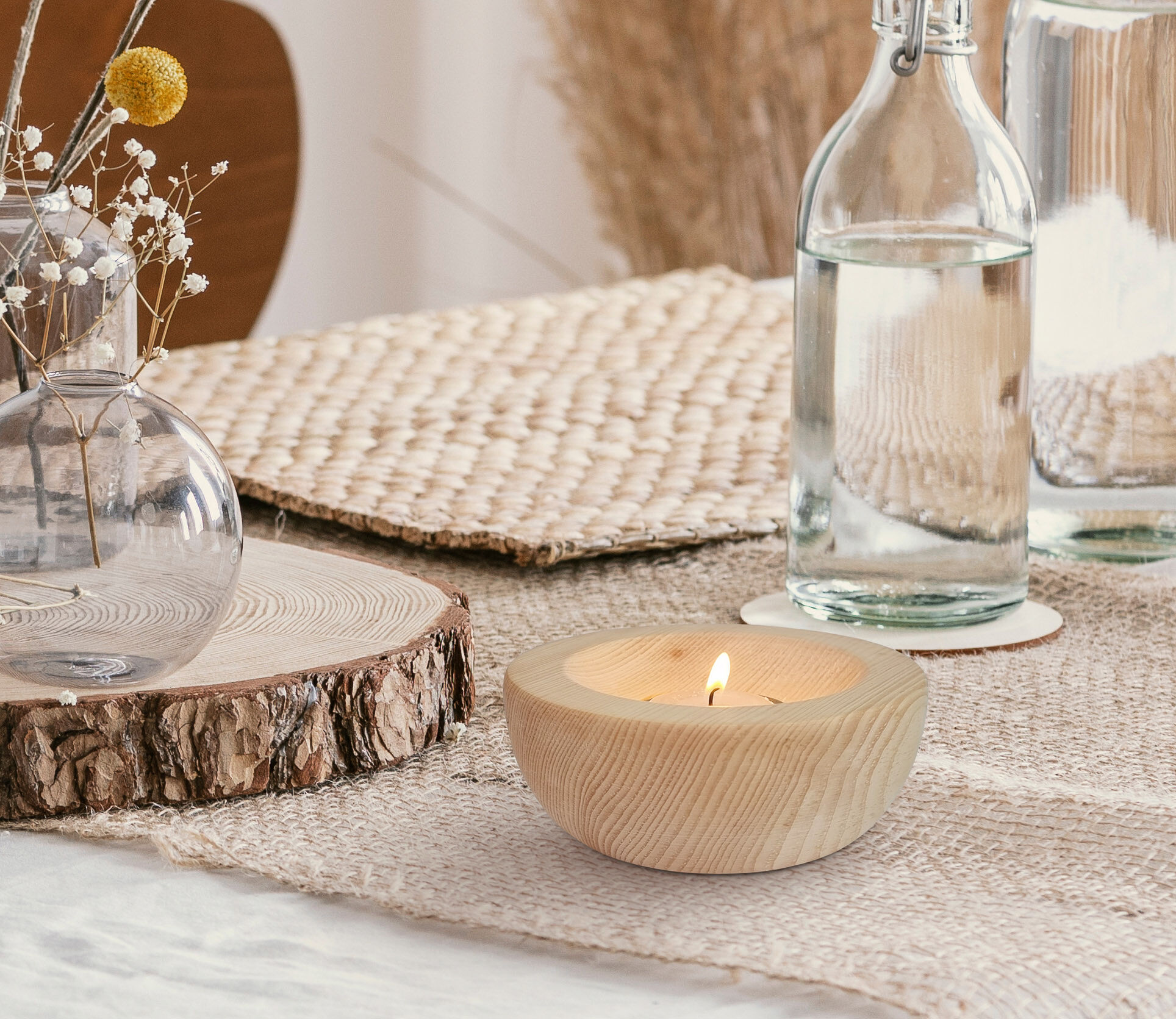LED-weißer, Holzschale, Votivkerze, Teelicht, Tischdeko, Teelichthalter für Tisch aus Zirbe