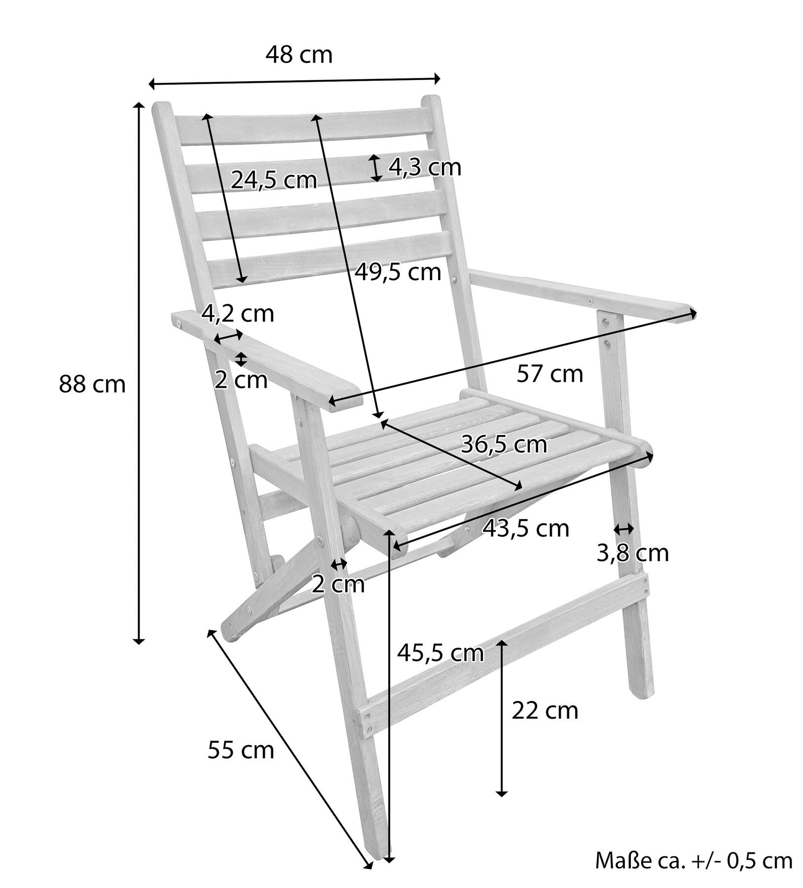 Gartenstuhl, Holzstuhl, Klapptischstuhl, Sonnenstuhl, Gartenmöbel, Skizze mit Maße