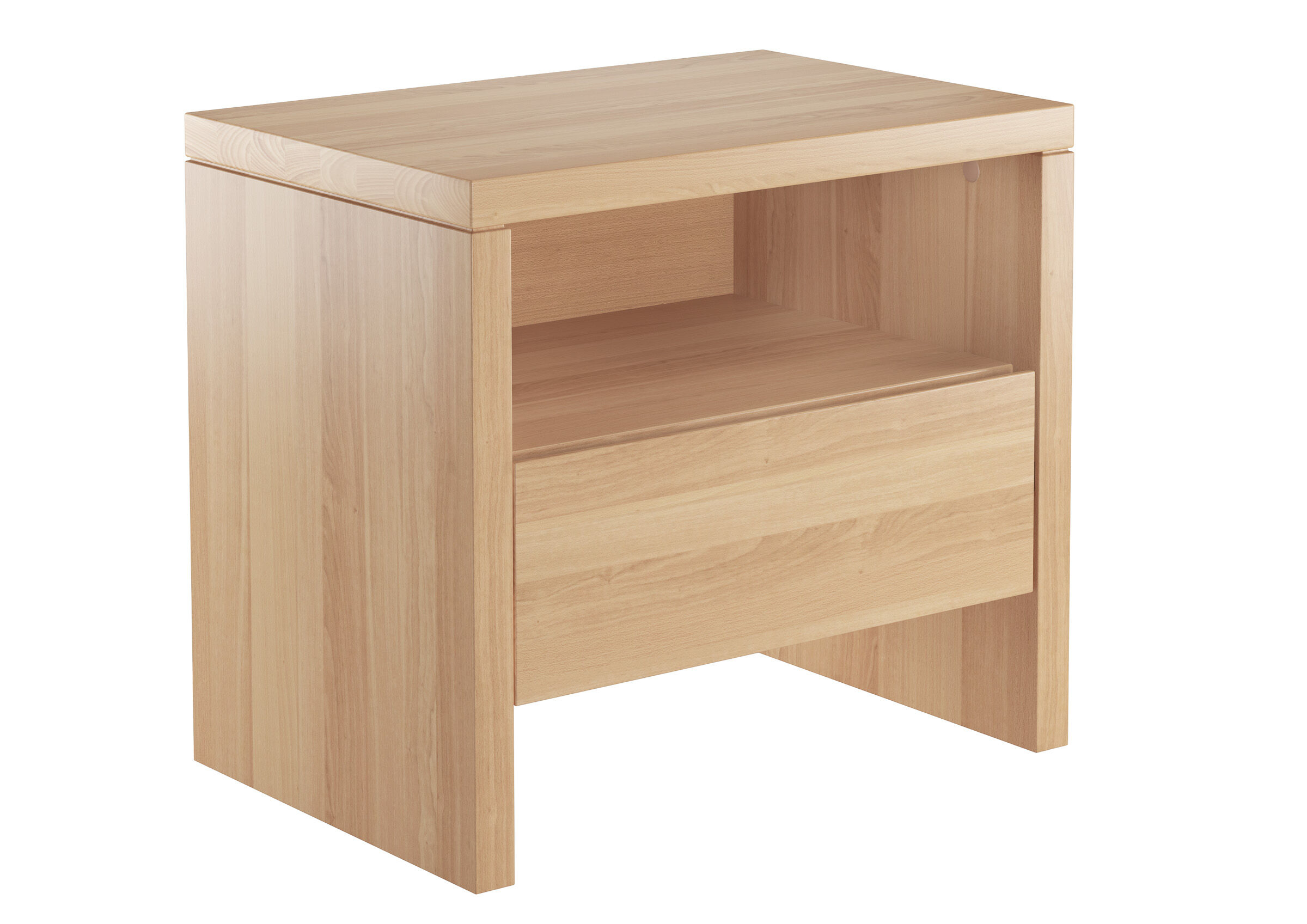 Beistelltisch, Holz, Natura, Schublade, offenes Fach, farblos-lackierter-Echtholz-Nachttisch-Buche