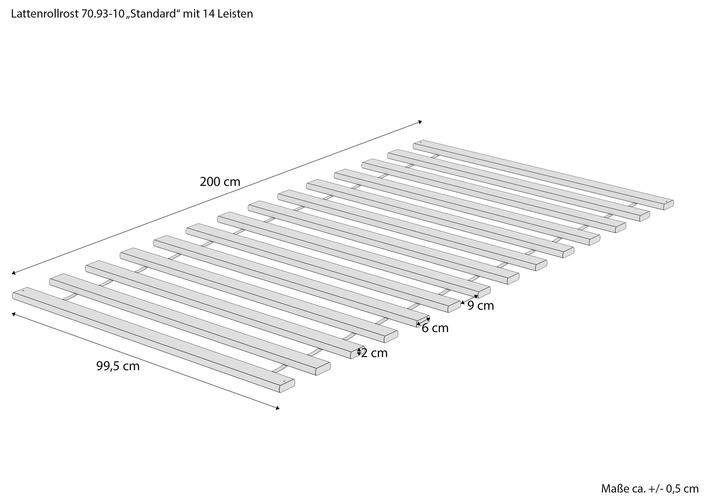 Massskitze des Standard Fichte/Tanne Rostes 100x200 cm mit 14 Leisten Maße Standard des Rollrostes 100x200 cm mit 14 Leisten