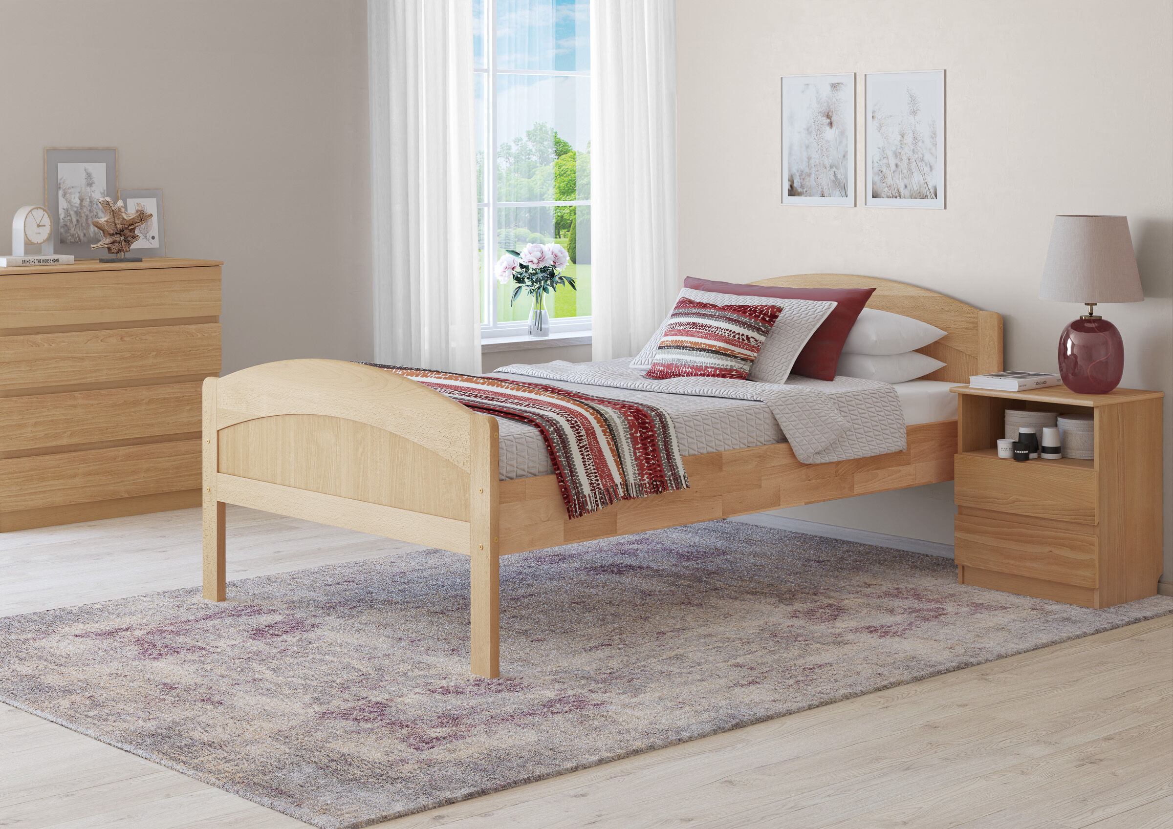 holzbetten, bett, bettgestell, nachtisch, teppich, schönes Holzbett für Senioren in Überlänge 120x220