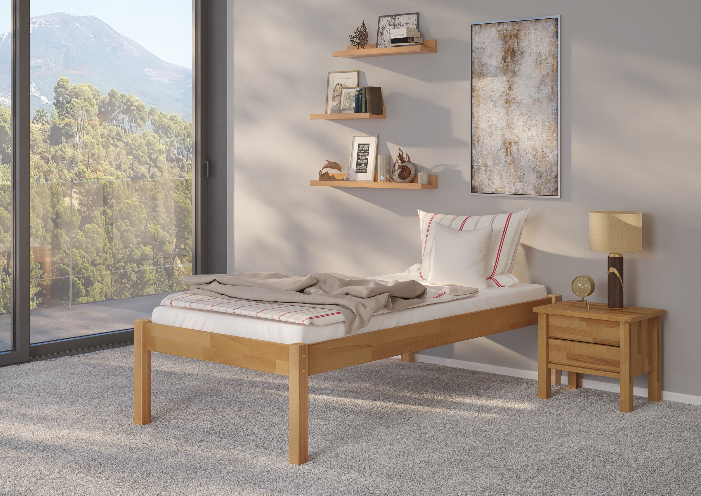 Innenarchitektur, Mobiliar, Bett, Dekoration für Zuhause, Lampe, Buche Bett 100x200 cm mit erhöhten Füßen
