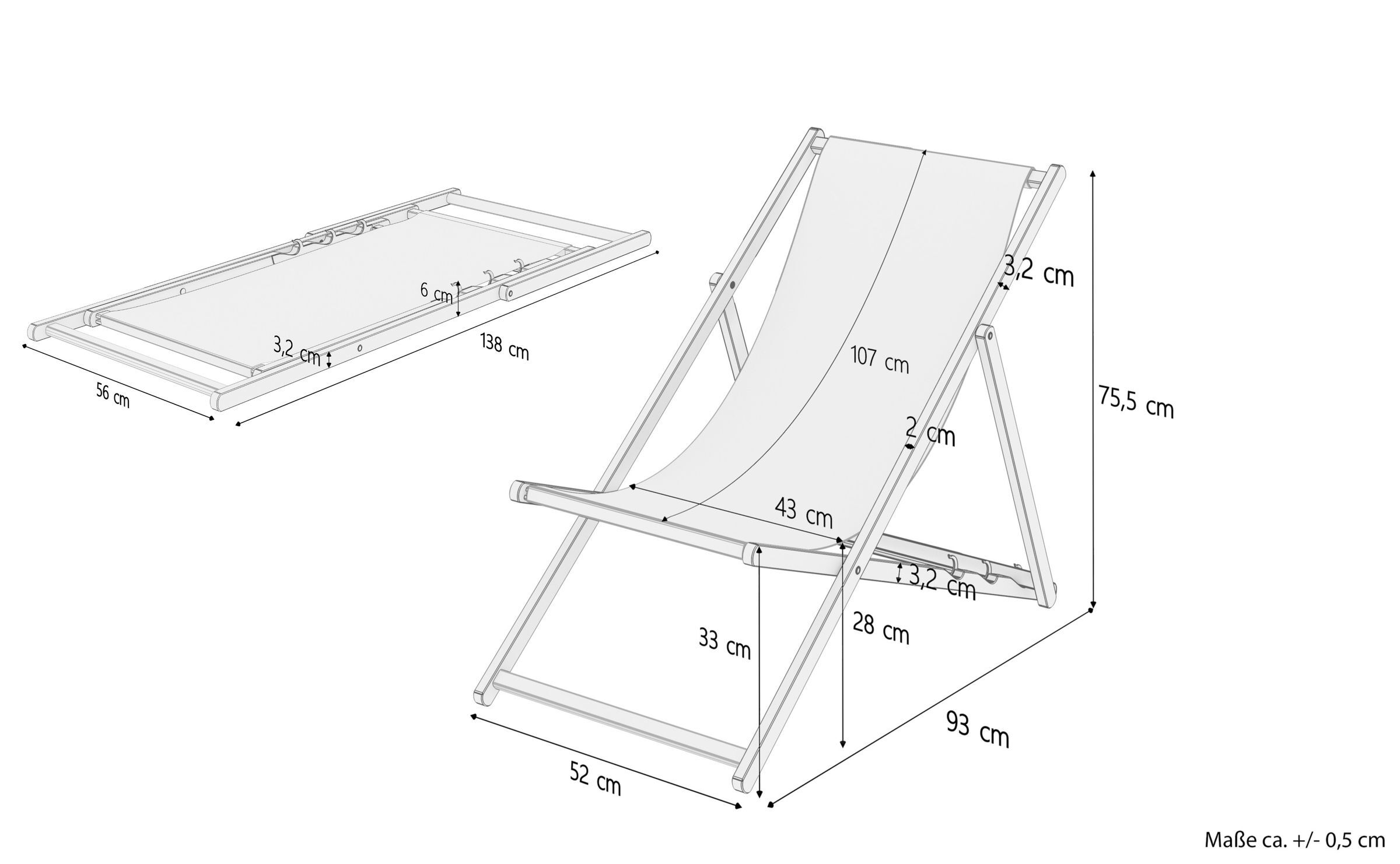 Kunstlederstuhl, Liegestuhl, Faltstuhl, Sonnenstuhl, Anleitungszeichnung, Maße des Buchenholzstuhles