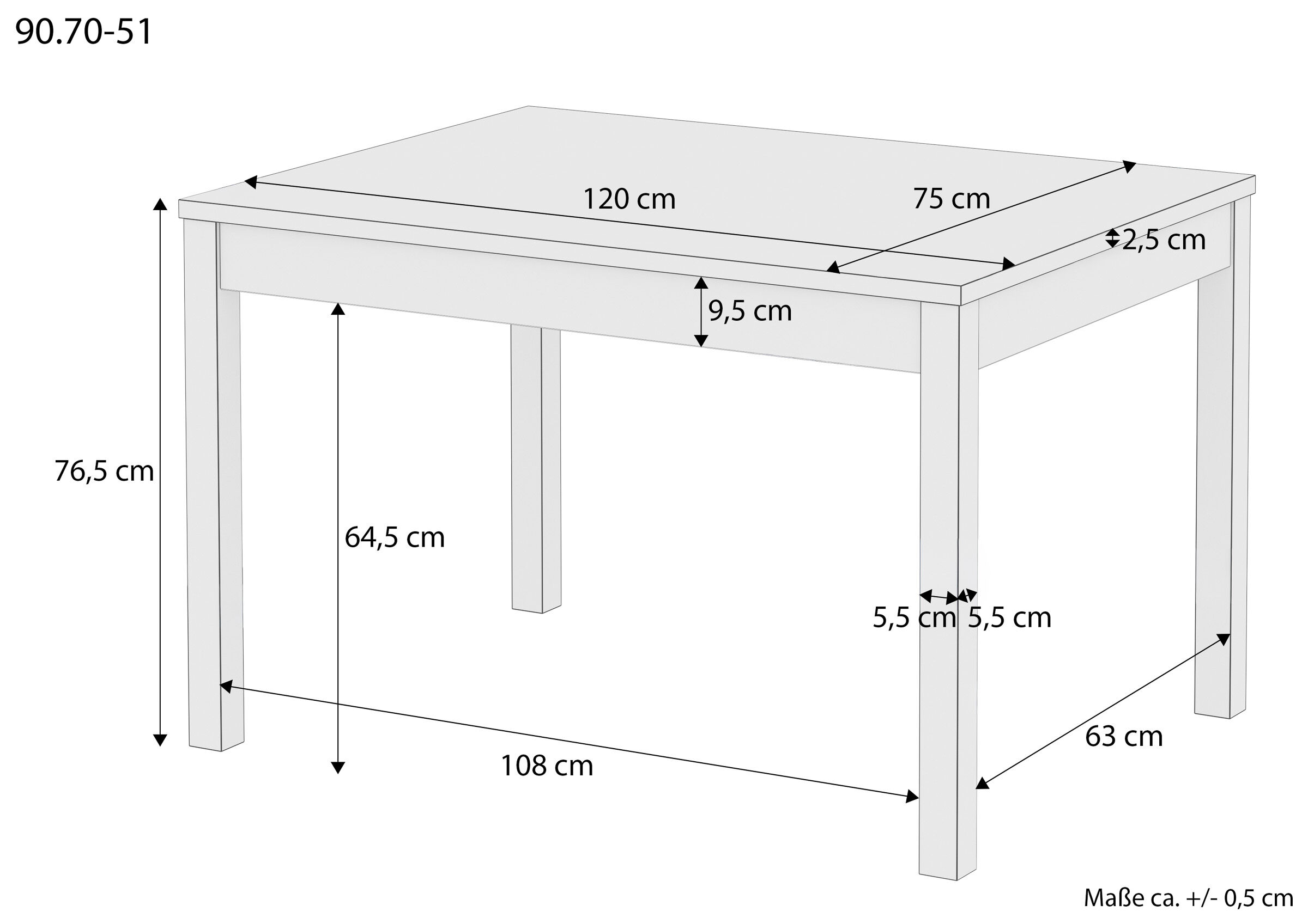 Tisch, Esstisch, Holztisch, rechteckig, Maße, Skizze Tisch 75x120