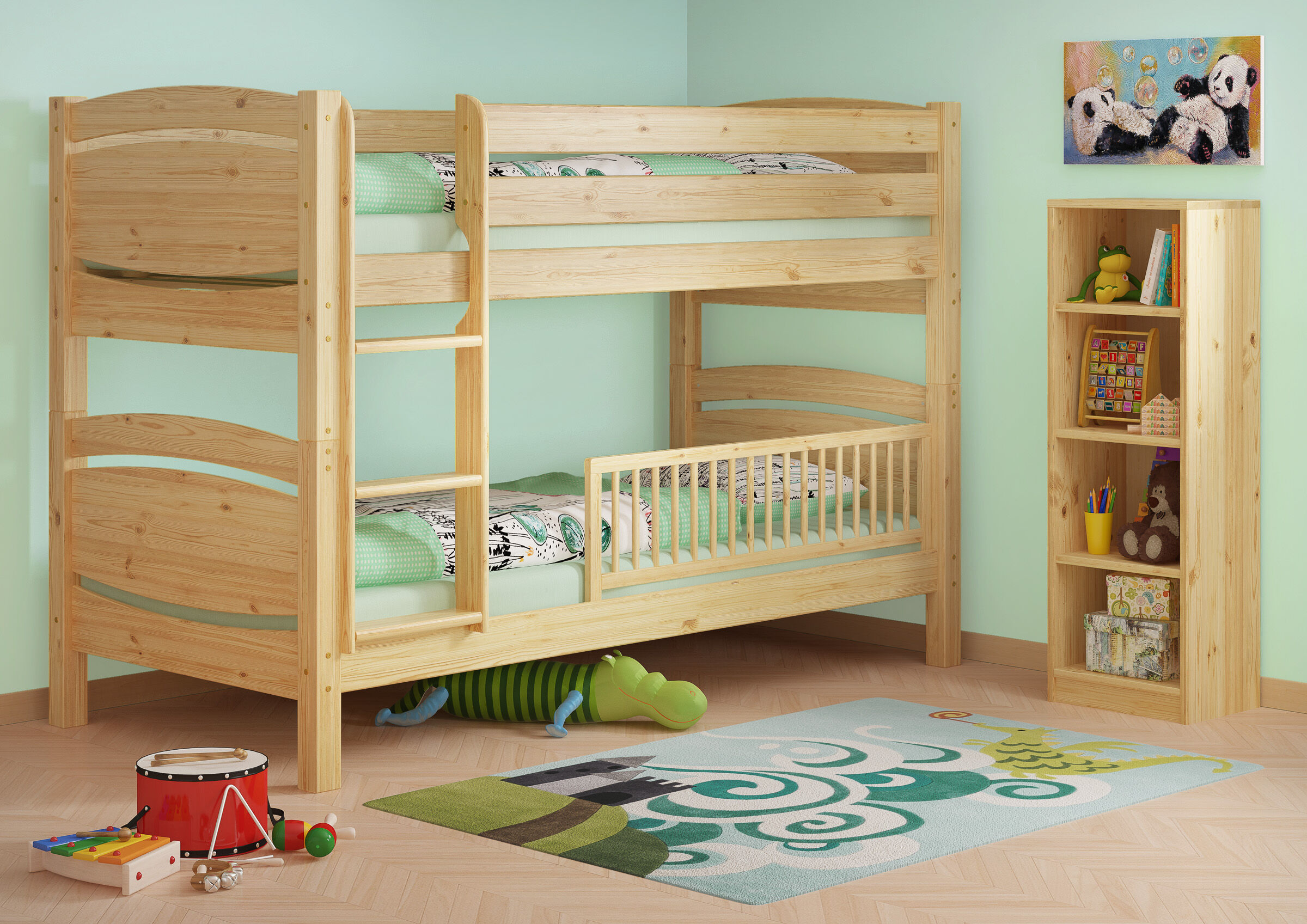 Etagenbett, Holzbett, Kinderzimmer, Panda-Wandbild, Bücherregal, Kiefernholz Etagenbett im grünem Kinderzimmer