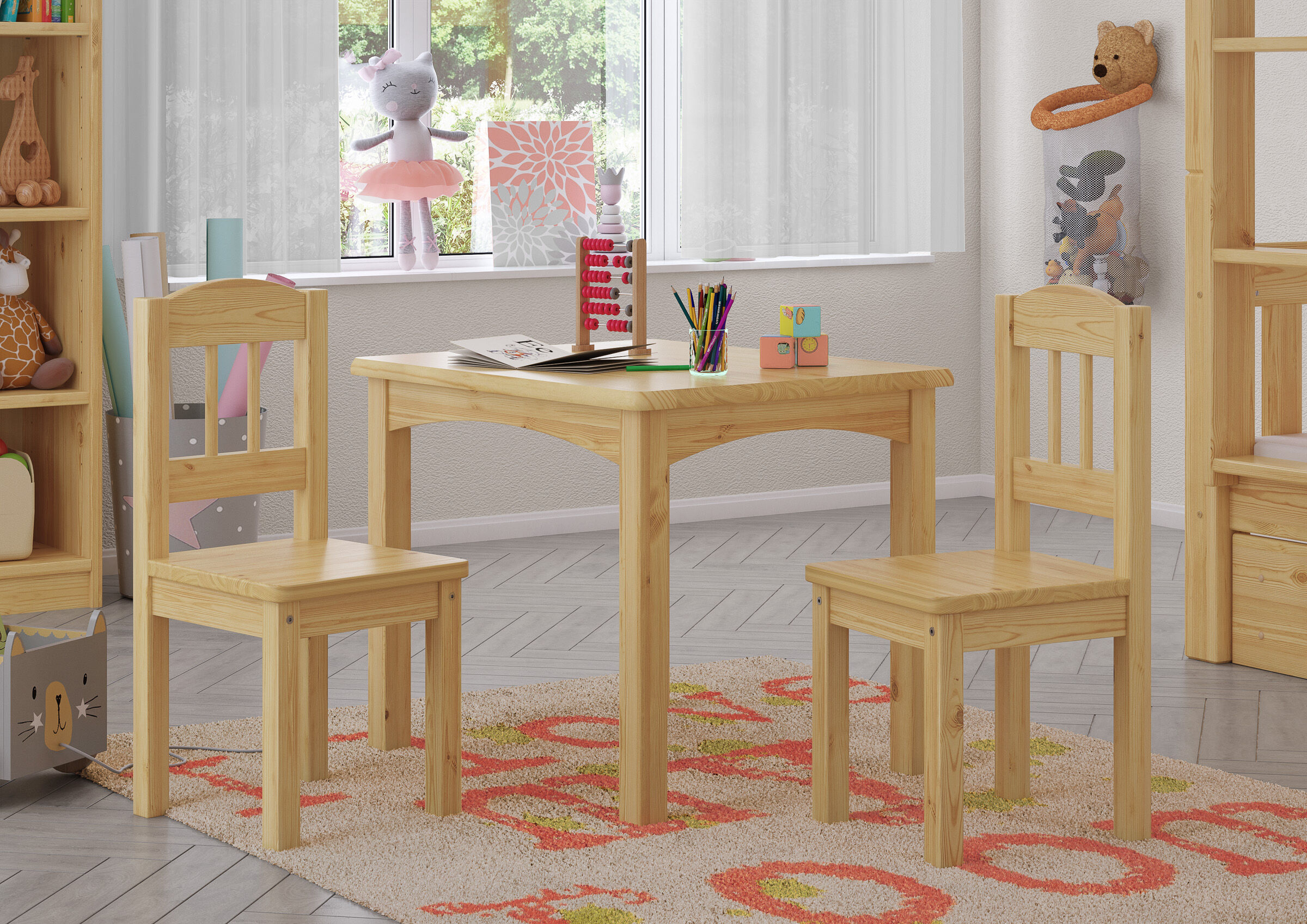 Kinderzimmer, Holztisch, Holzstuhl, Malsachen, Spielzeugdeko, Kindertisch mit zwei Stühlen