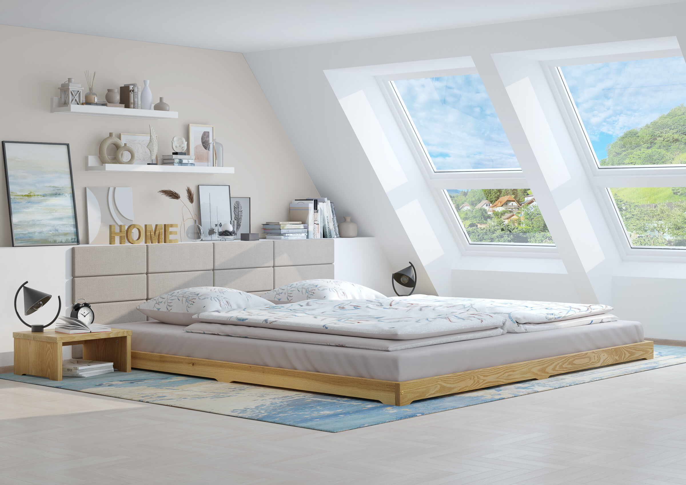 betta, schlafzimmer, plattformbett, gepolstertes kopfteil, dachfenster, Zimmerbild des Echtholzbettes 200x200 aus Esche