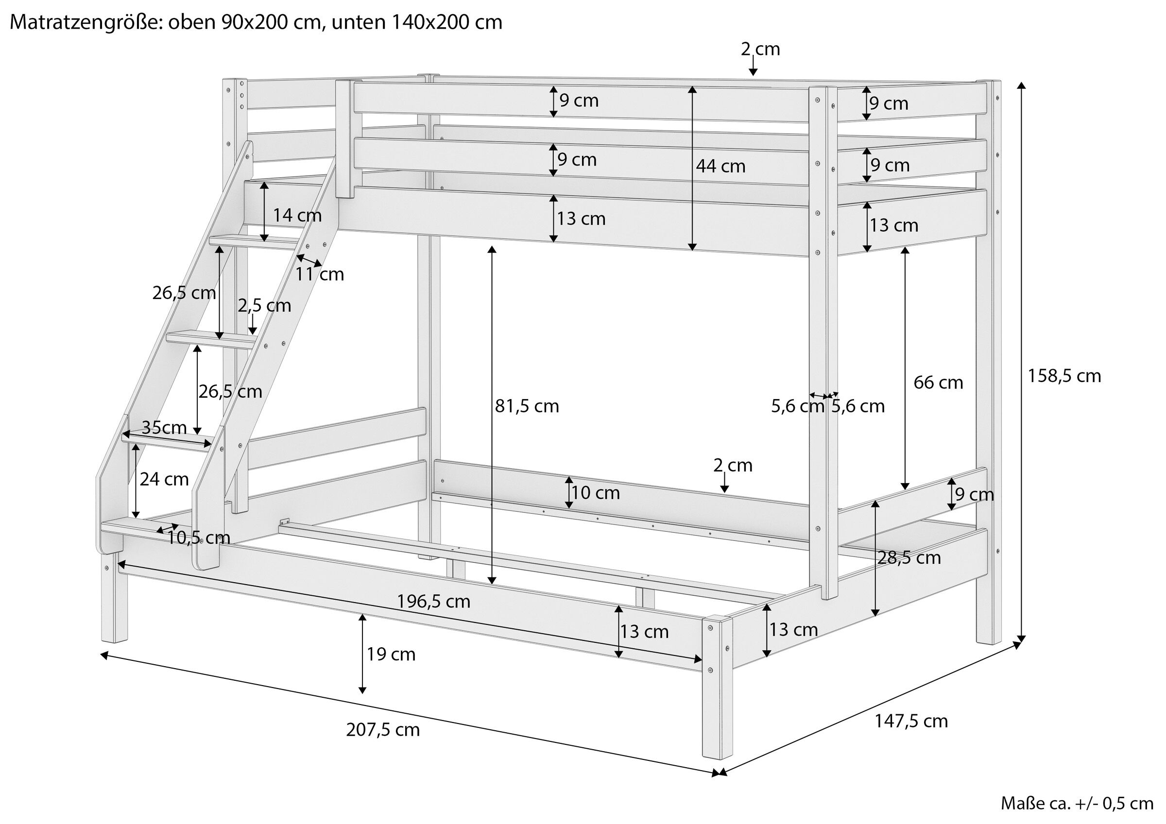 Moebel, Bett, Hochbett, Handlung, Krippe, Maßskizze