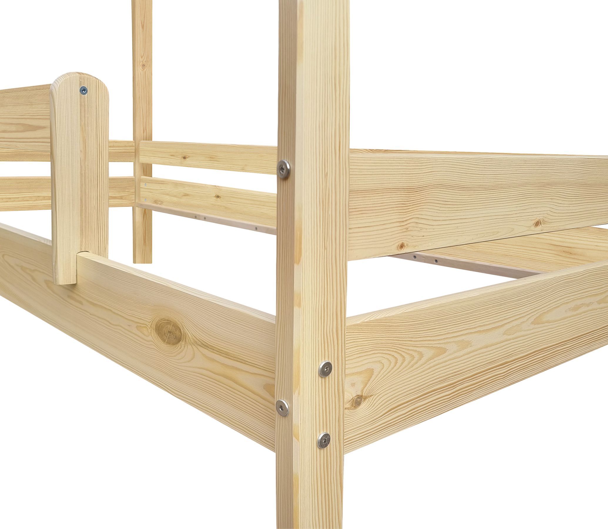 holz, Holzbett, Holzbalken, bettrahmen, naturholz, Detailbild Kinderbett mit Dach