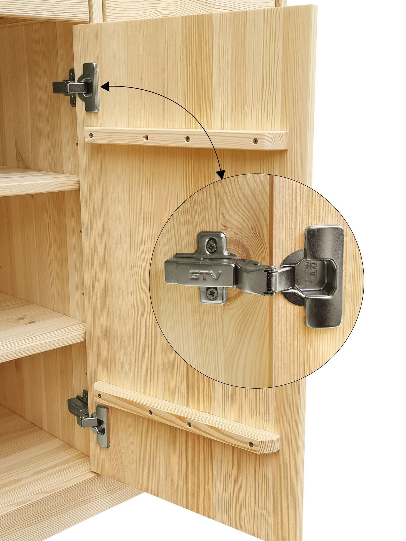 Korpus, Schrank, Holzoberfläche, Türbeschlag, Scharnier, Detailbild der Tür mit Scharnier